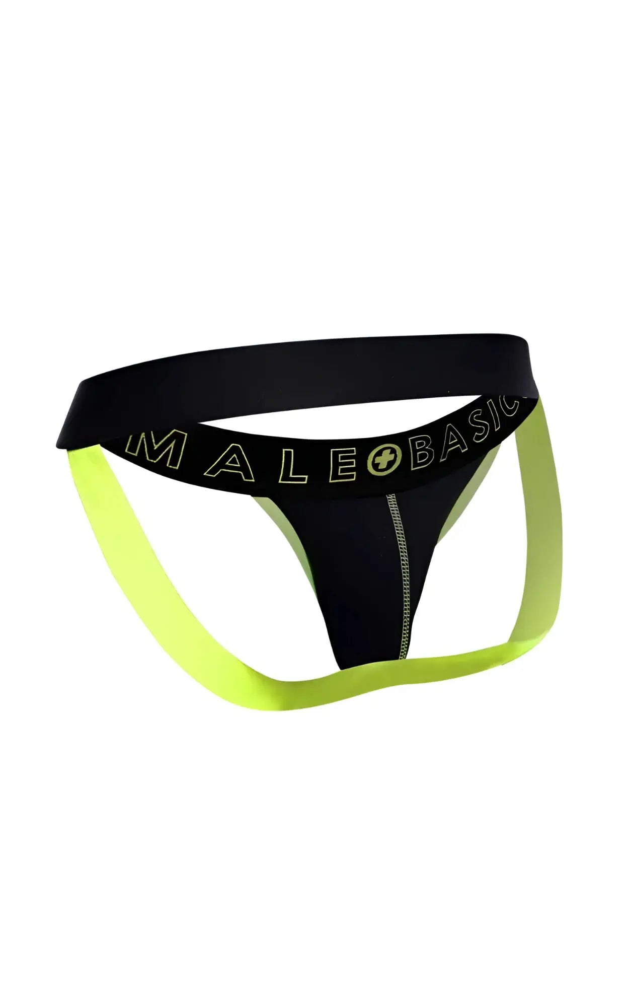 Black and neon yellow male basics neon jock thong with bold contrasting design showing the front side