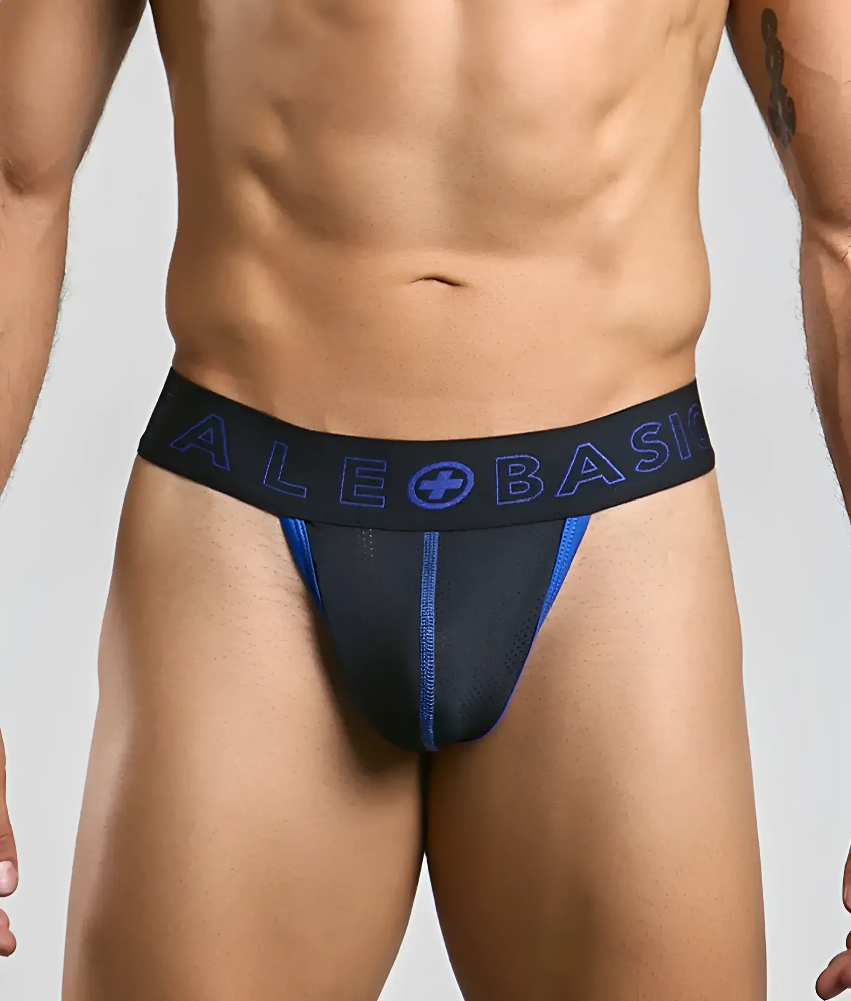 Malebasics neon thong athletic briefs in black and blue with branded waistband designed for comfort and support