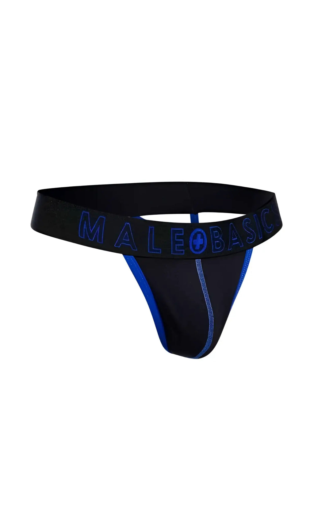 Black male basic thong with neon blue trim and logo perfect for everyday comfort and style by malebasics