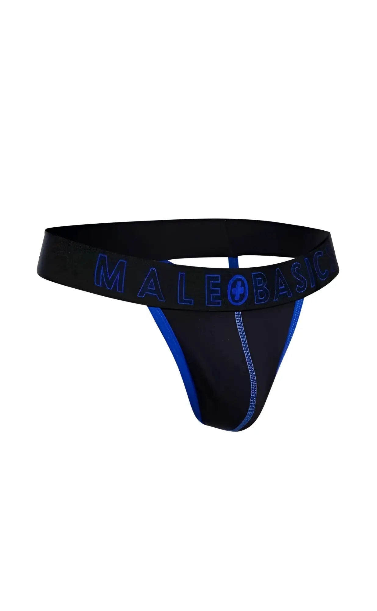Black male basic thong with neon blue trim and logo perfect for everyday comfort and style by malebasics
