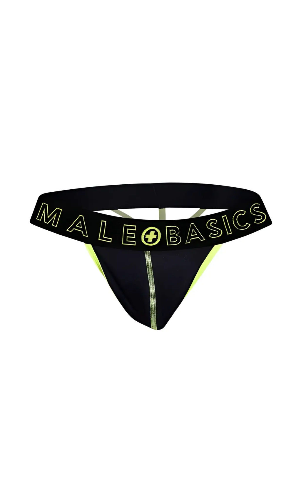 Black male basics neon thong with neon yellow trim and central seam made from soft fabric for comfortable wear