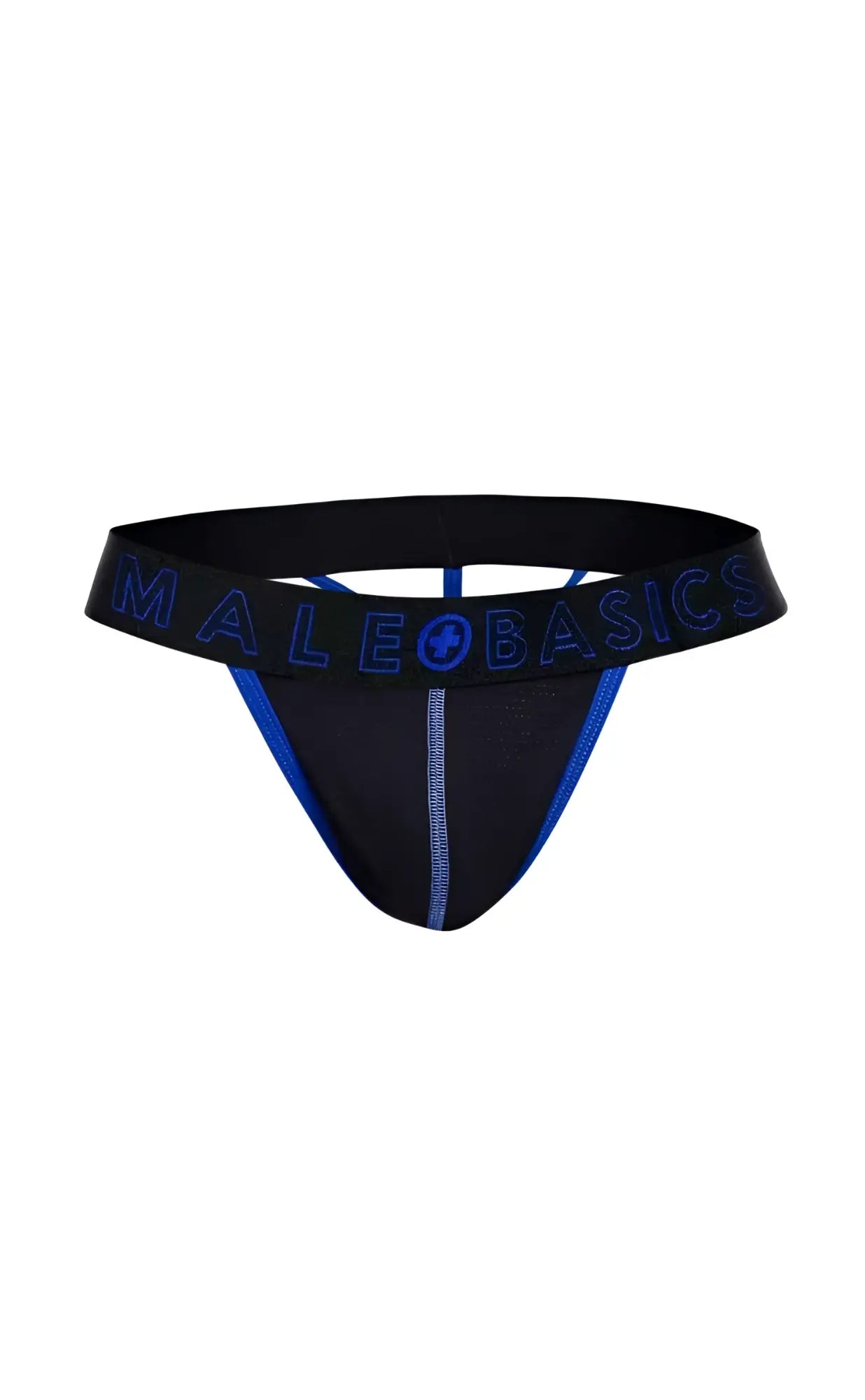 Black male basics neon thong with blue trim and logo detailing showing front side of the underwear design