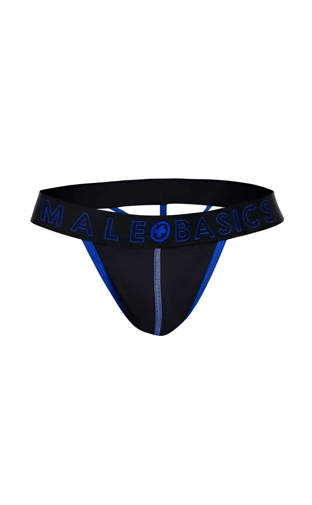 Black male basics neon thong with blue trim and logo detailing made of soft stretch fabric for comfortable wear