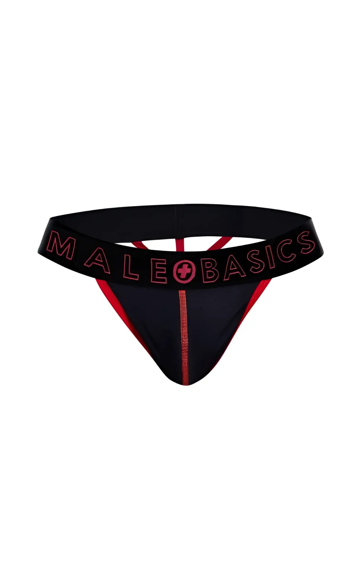 Black male basics neon thong with red trim and logo detailing designed for comfortable daily wear