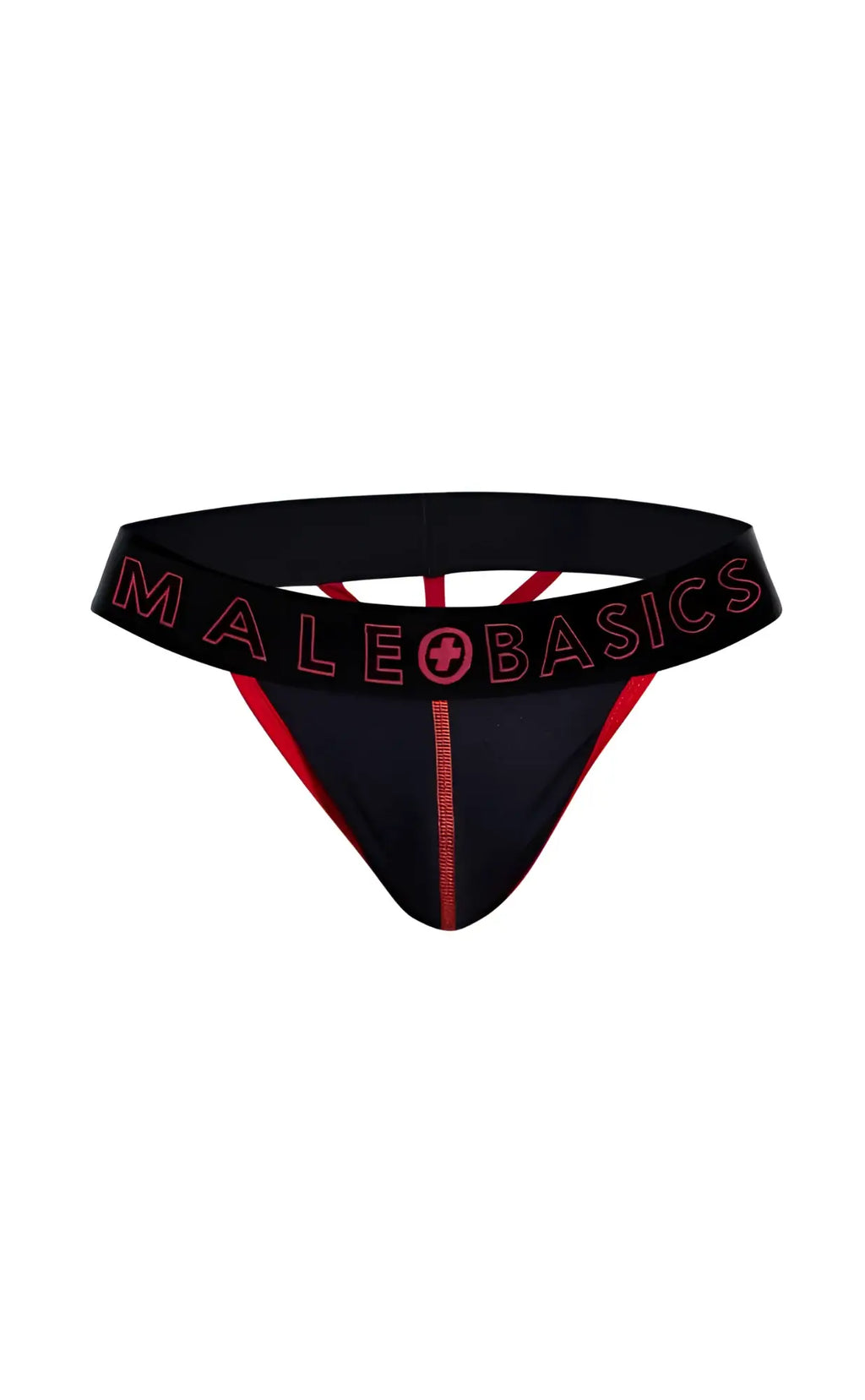 Black male basics neon thong with red trim and logo detailing showing front side design and material texture