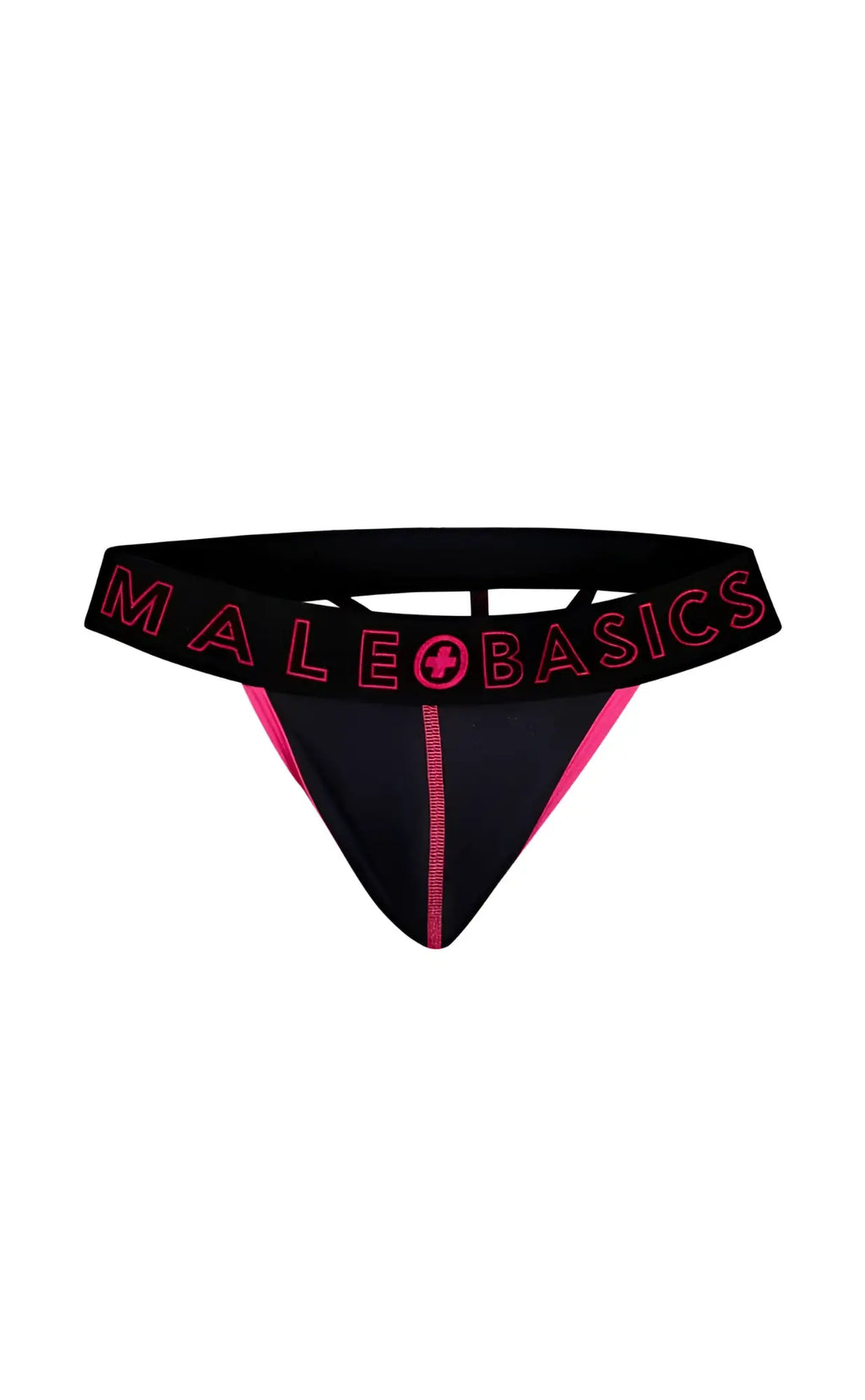 Black and pink male basics neon thong with bold logo band showing back side design and fit details