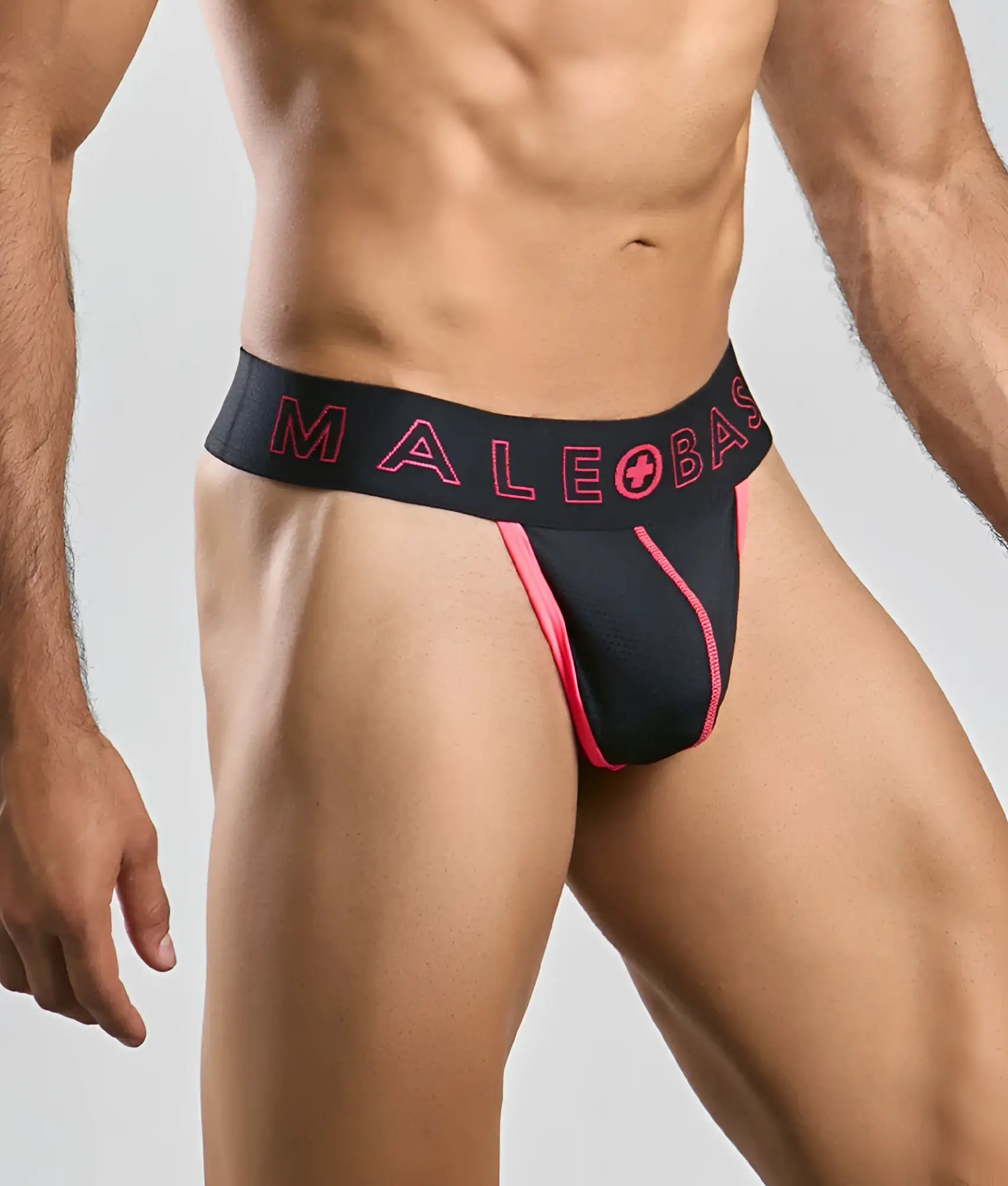 Malebasics neon thong black and pink malebas briefs with bold logo band front view in stretch fabric