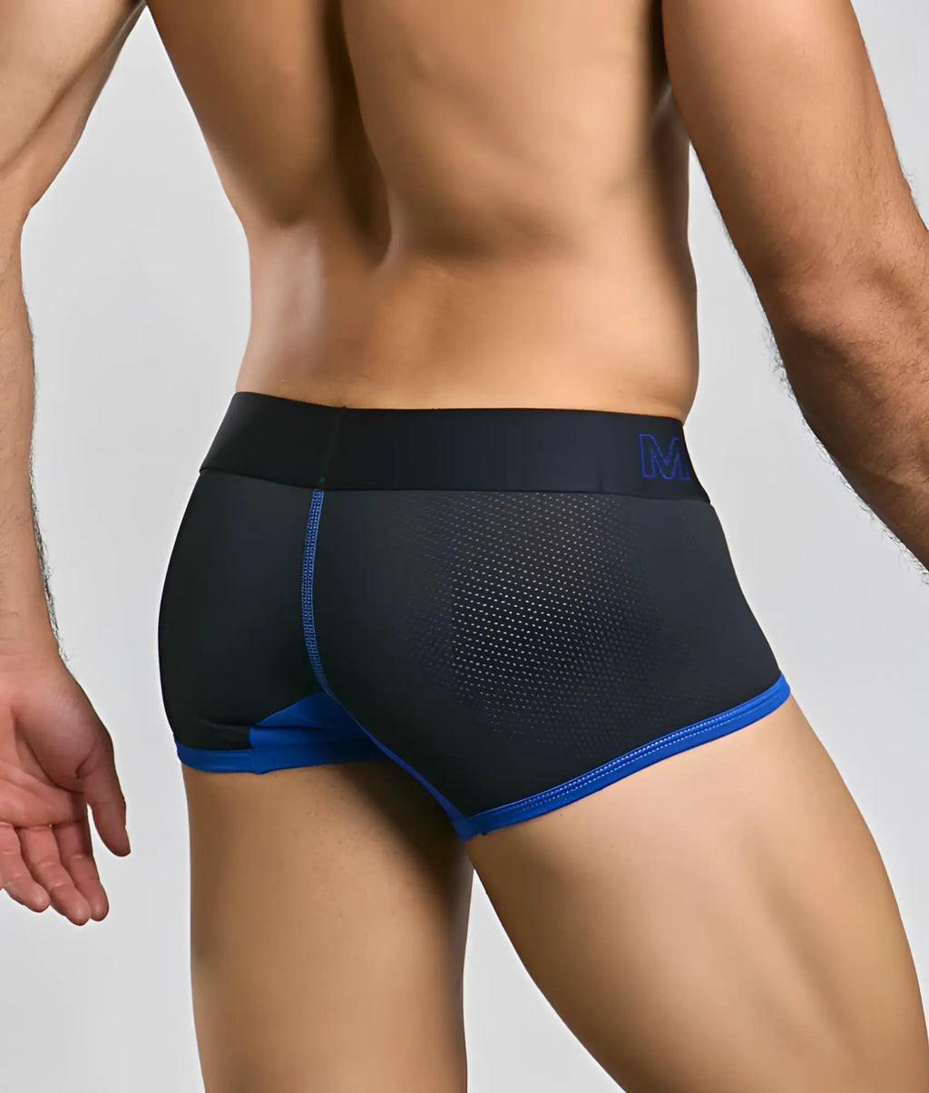 MaleBasics Neon Trunk black athletic briefs with blue mesh panels trim and subtle waistband logo for activewear