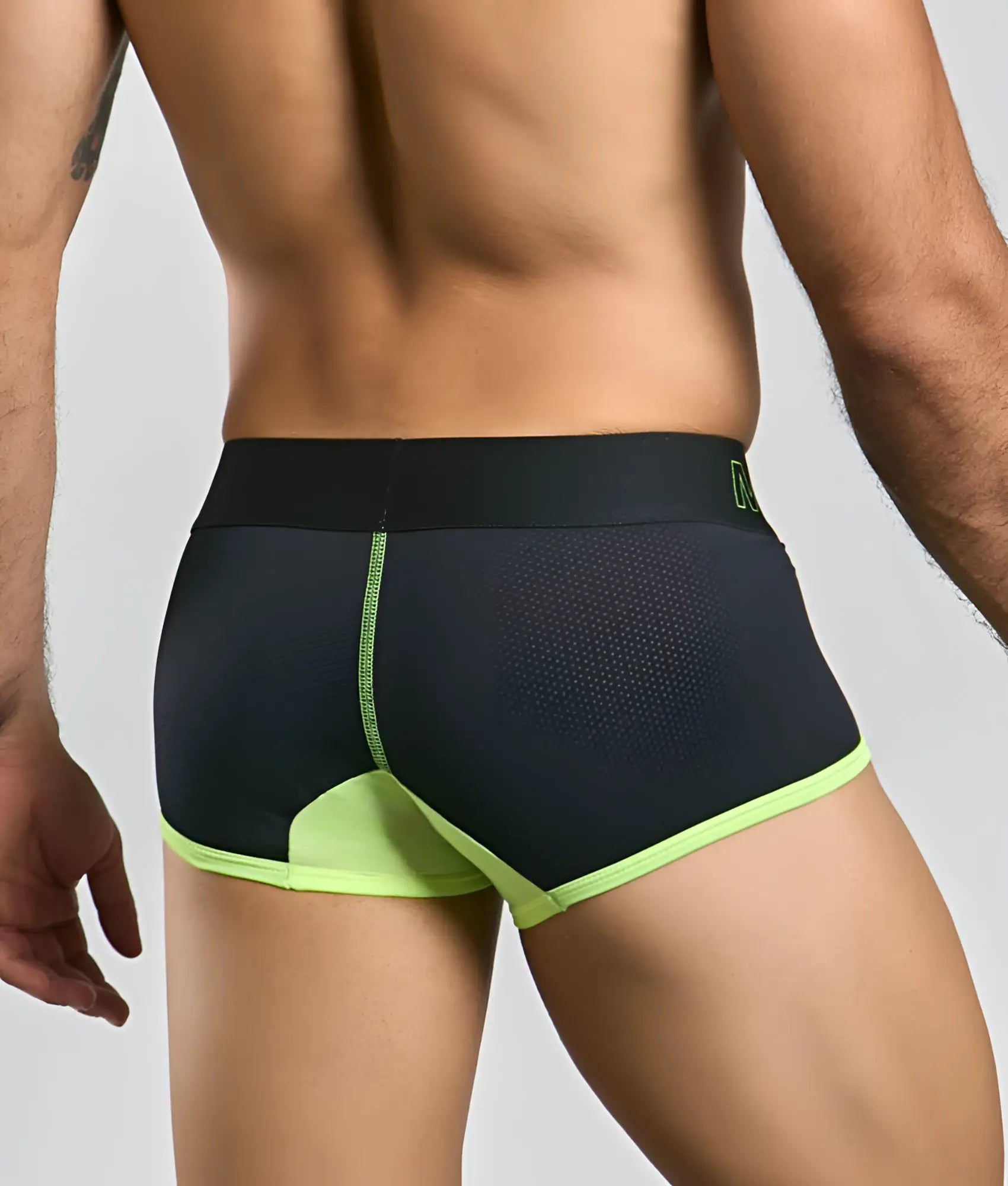 MaleBasics neon trunk black athletic briefs with neon green trim and mesh detailing for comfortable support