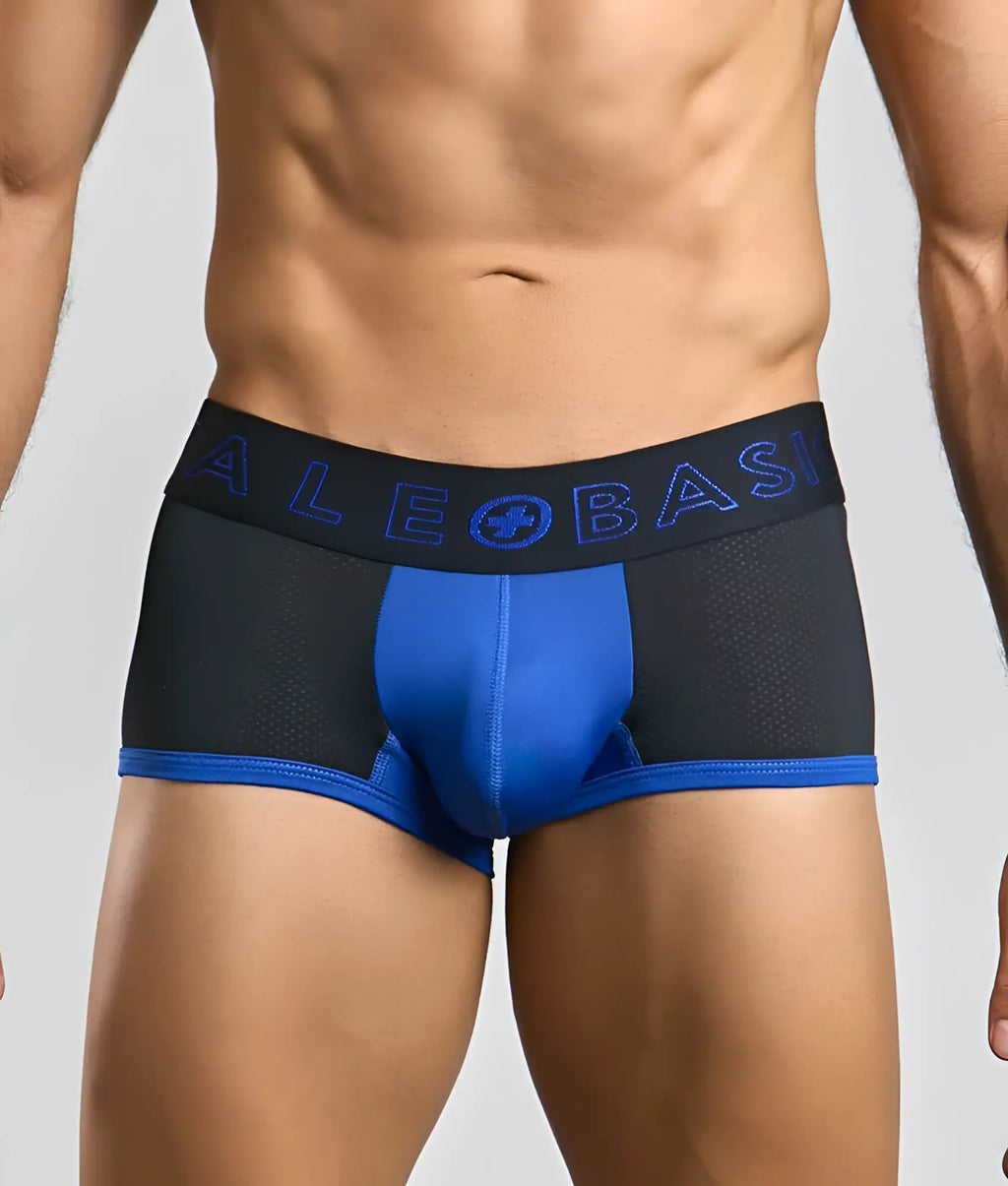 MaleBasics neon trunk black and blue athletic briefs with mesh design and aleo basket logo on waistband