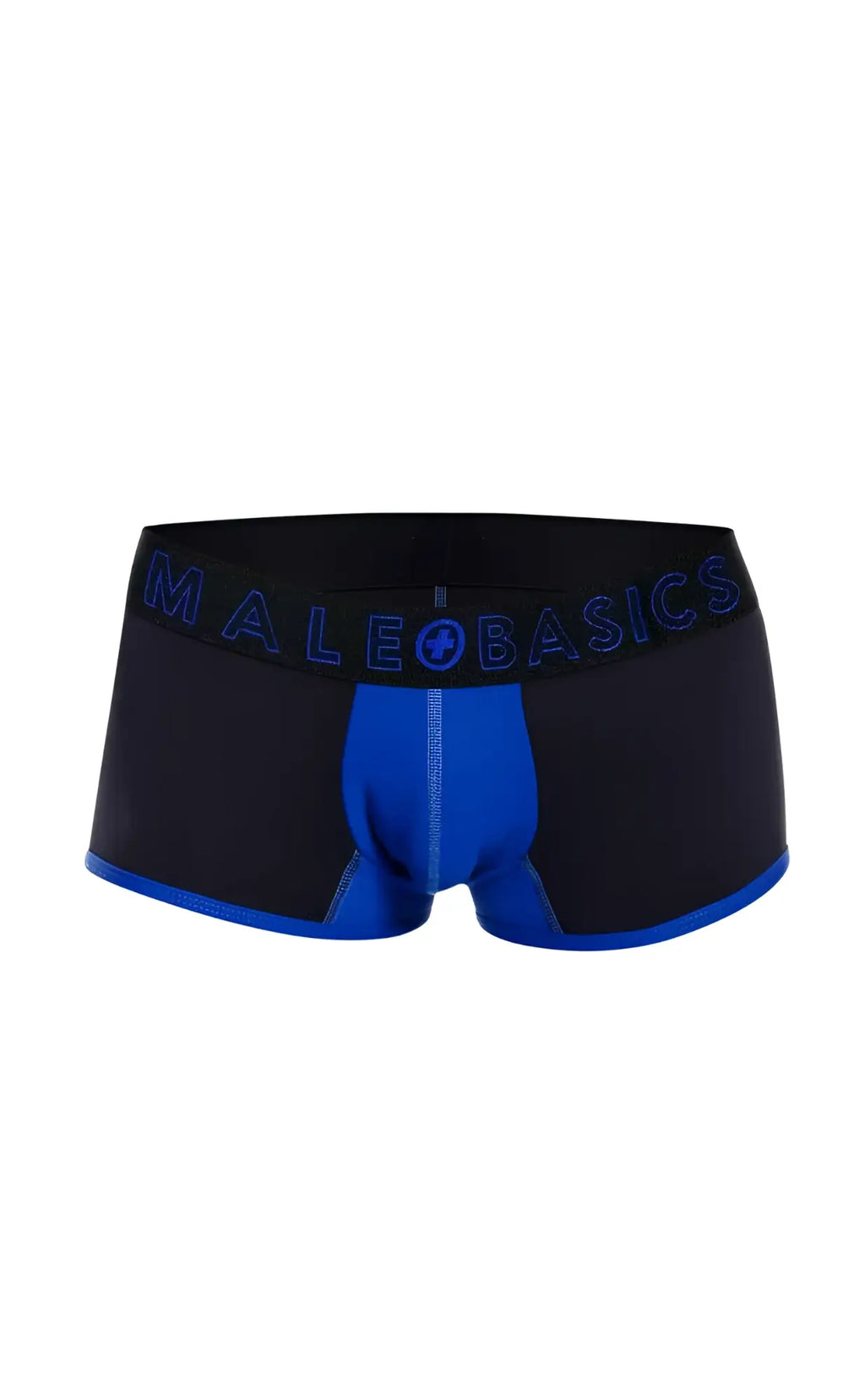 MaleBasics Neon Trunk boxer briefs in black and blue with a contrasting royal blue front panel for comfortable support