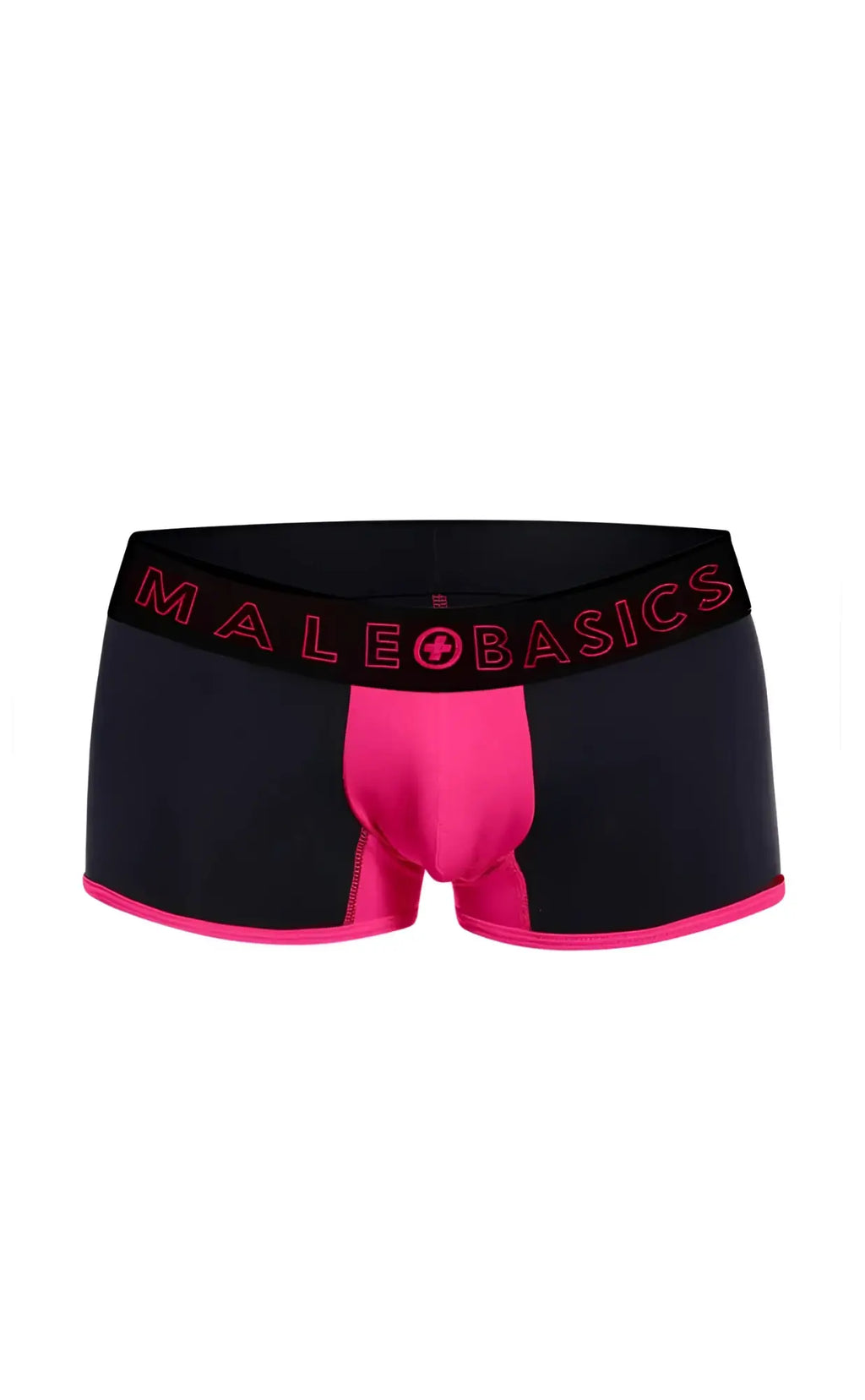 Male basics neon trunk boxer briefs with black and bright pink bold color-block design for comfortable daily wear