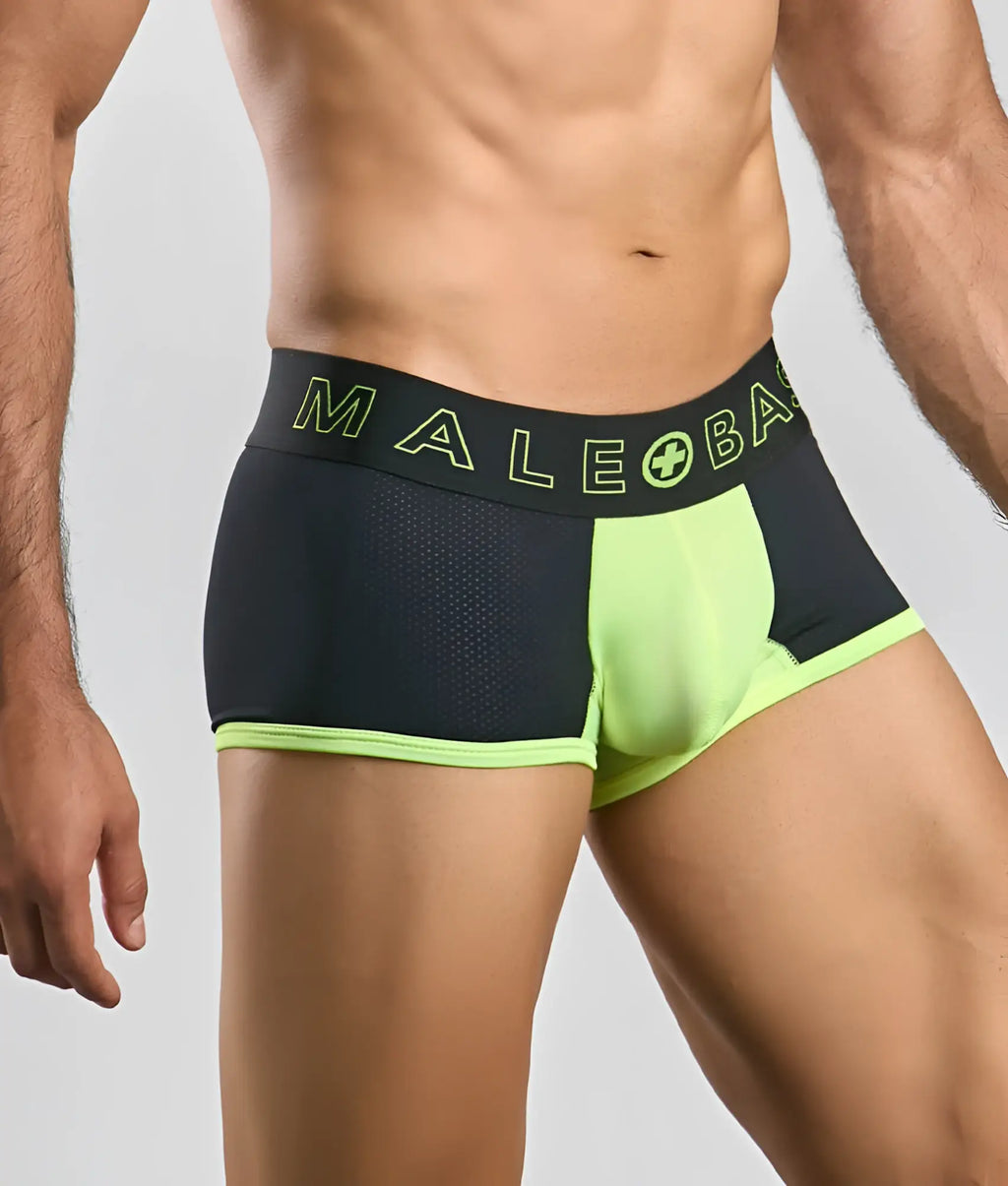 Malebasics neon trunk black and neon green athletic briefs with mesh side panel and male plus ba branding