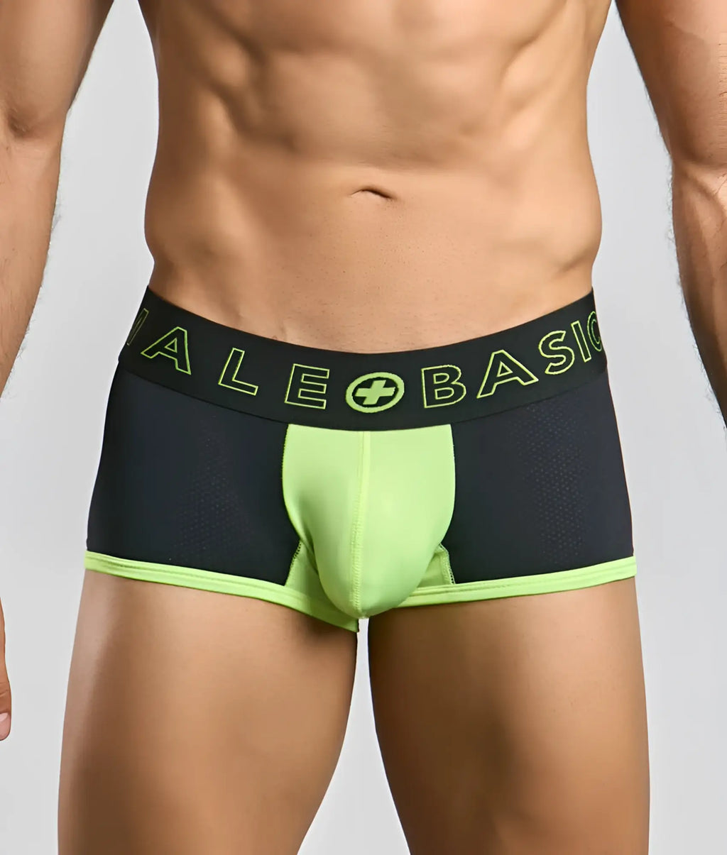 MaleBasics neon trunk black and neon green athletic briefs with mesh texture and ale basic glowing lime green waistband