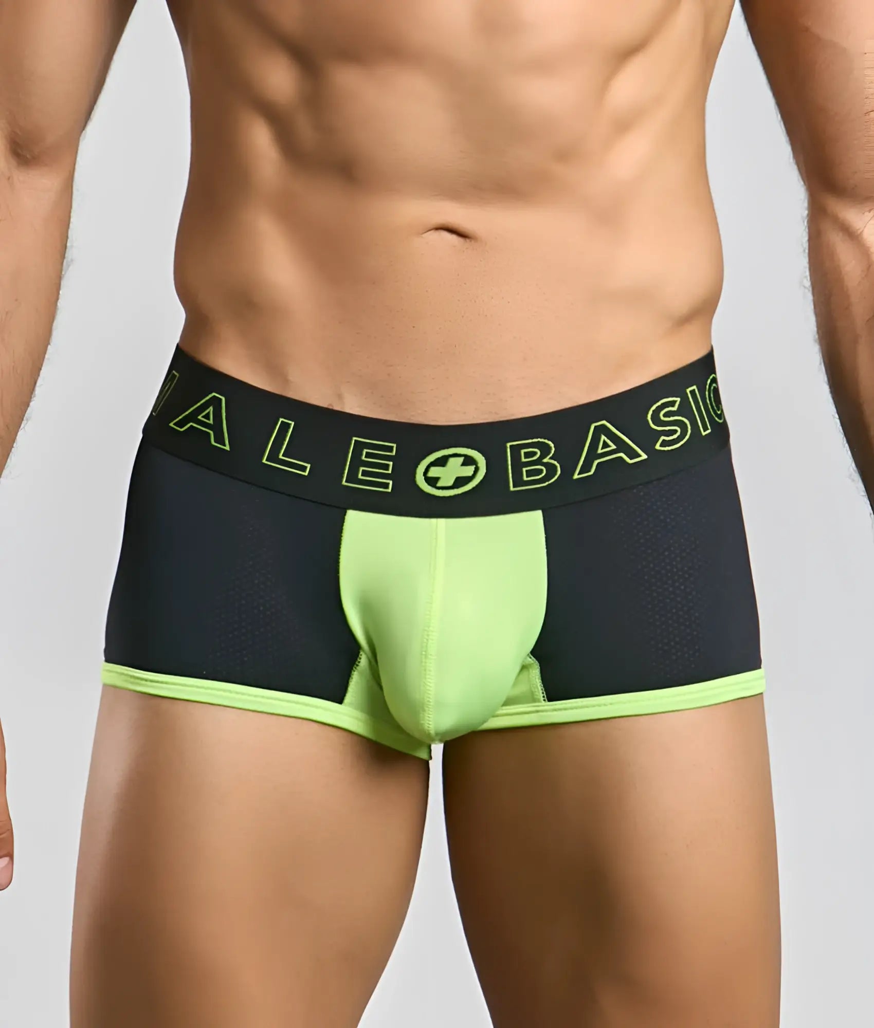 MaleBasics neon trunk black and neon green athletic briefs with mesh texture and ale basic glowing lime green waistband