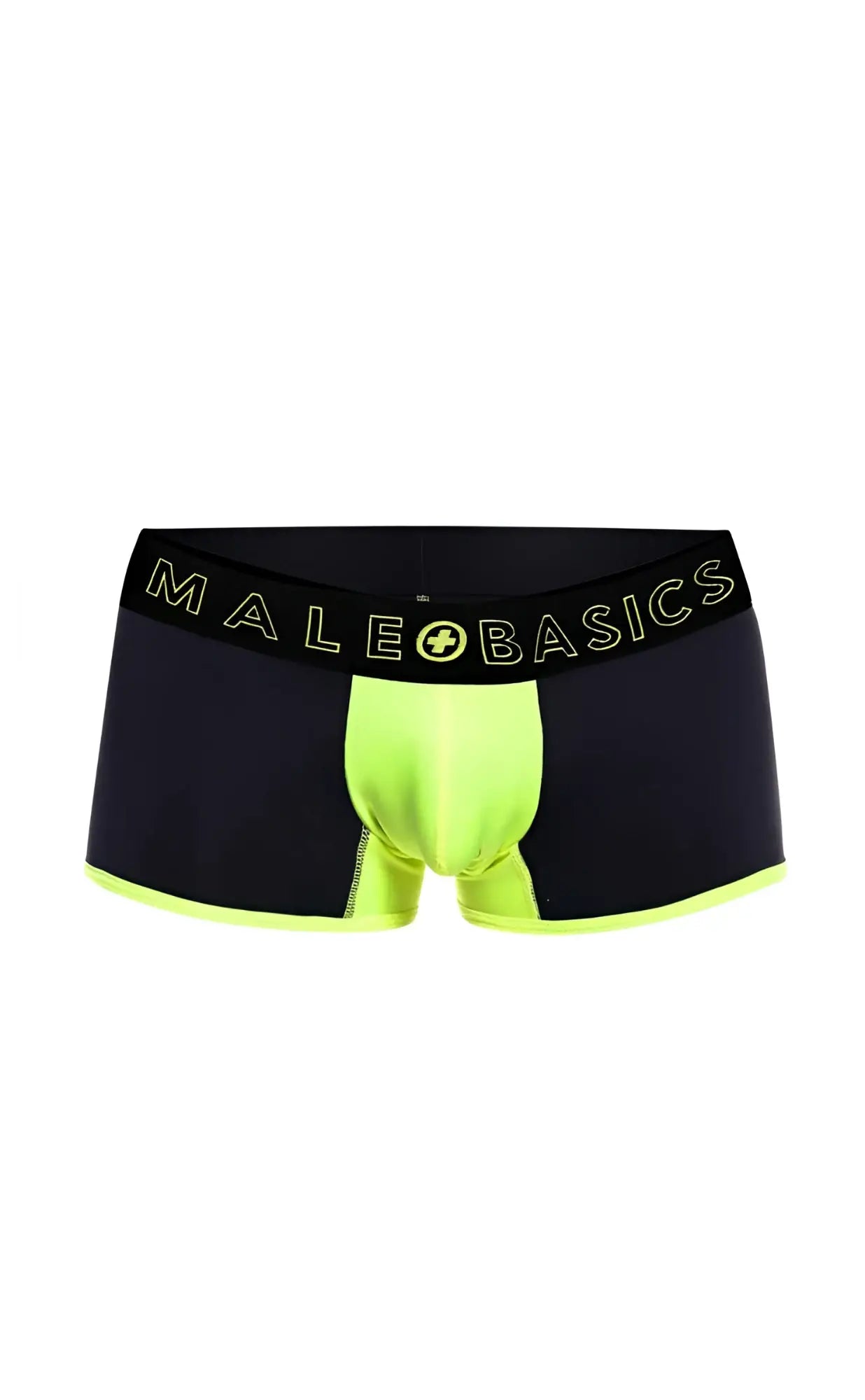 Black and neon green men’s boxer briefs with branded waistband from Malebasics Neon Trunk collection