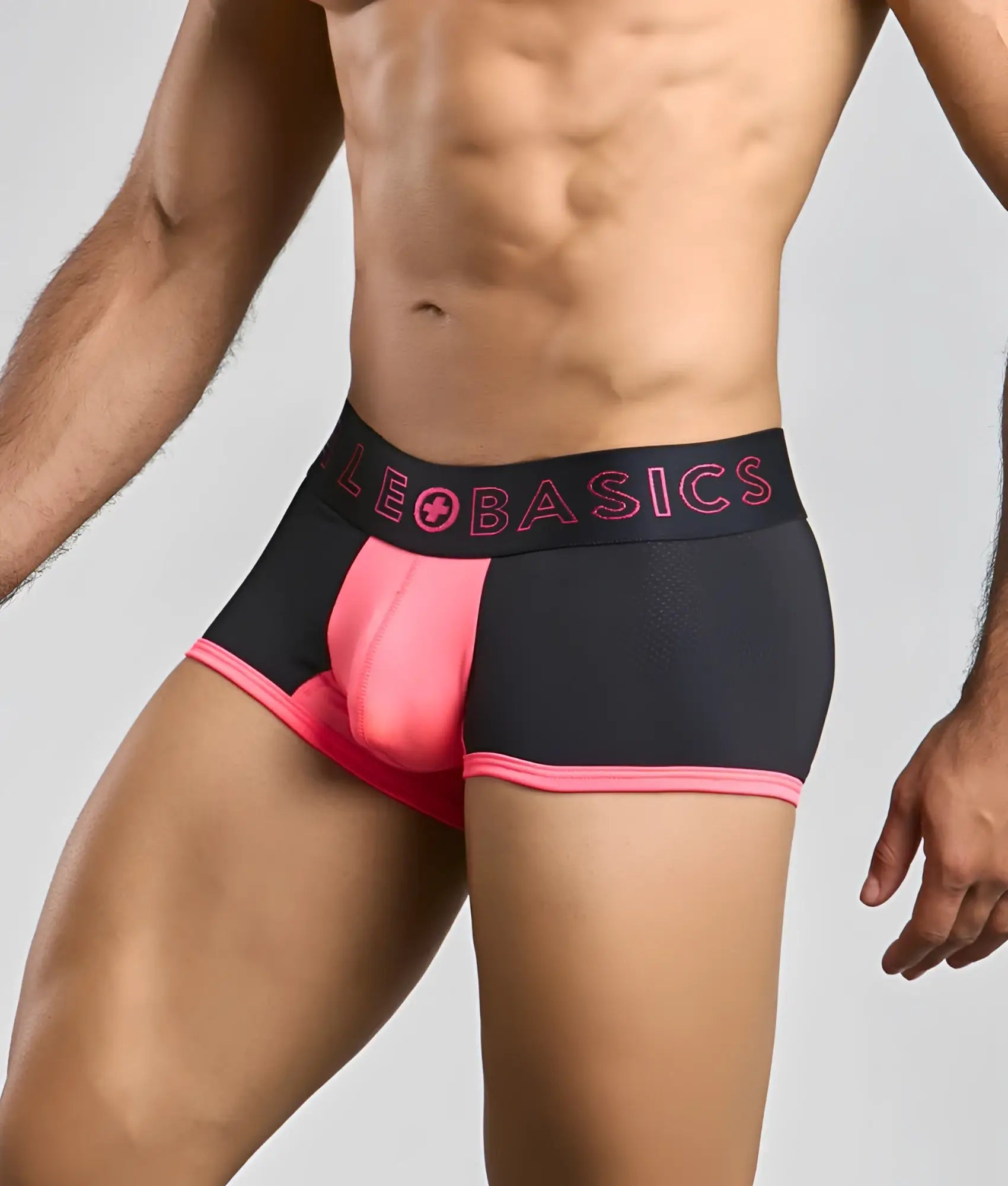 Male basics neon trunk black and pink athletic briefs with bold contrasting design and leo basics logo on waistband
