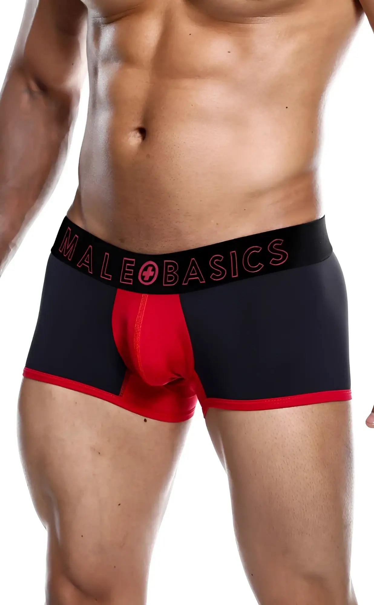 Male basics neon trunk black and red men’s boxer briefs with bold male basics logo on waistband