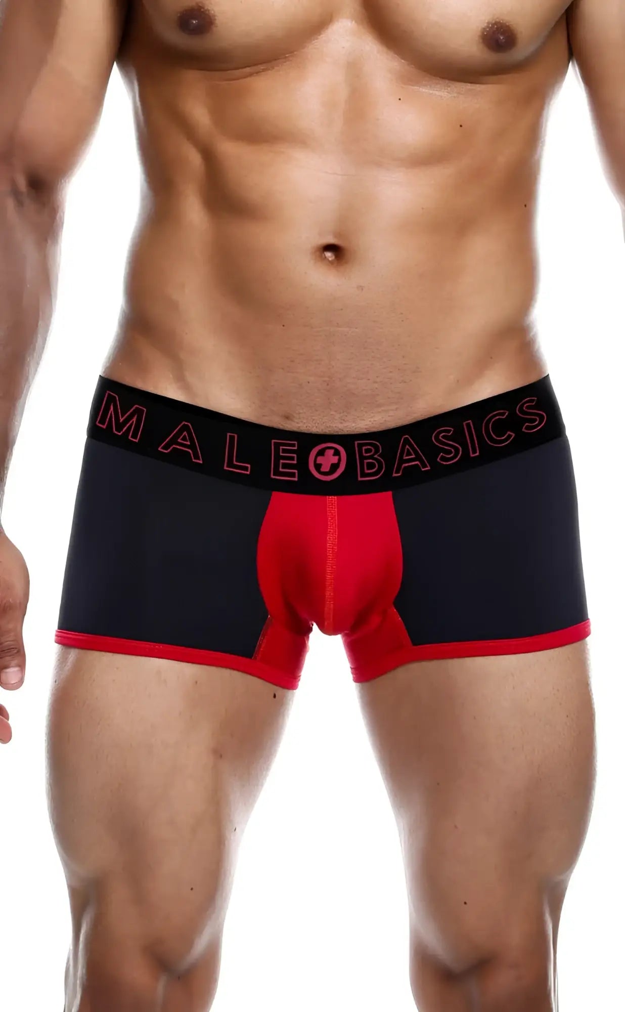 Black and red men’s boxer briefs with bold male basics logo on waistband from the malebasics neon trunk collection