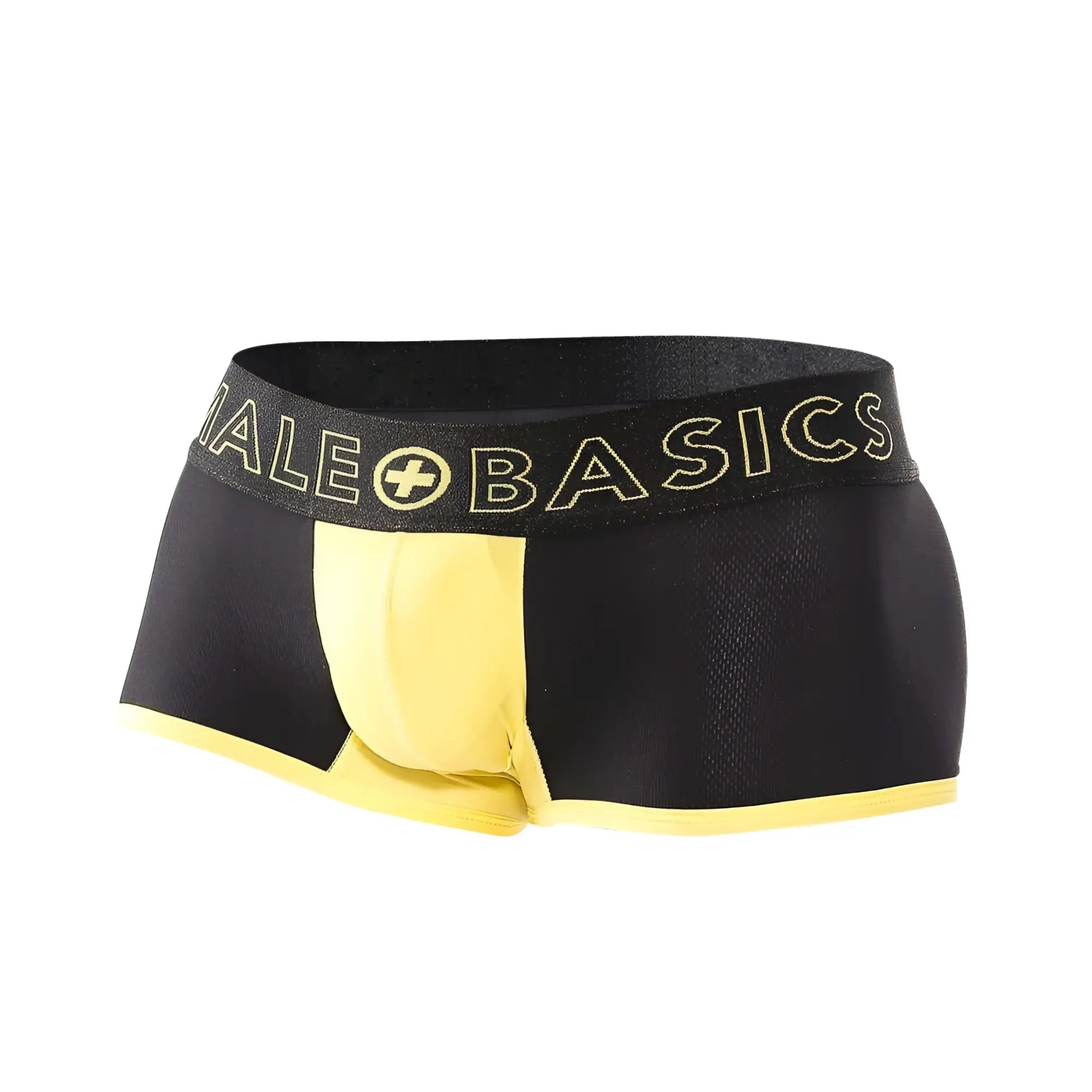 MaleBasics Neon Trunk black and yellow men’s briefs with textured fabric waistband and male+bases gold logo