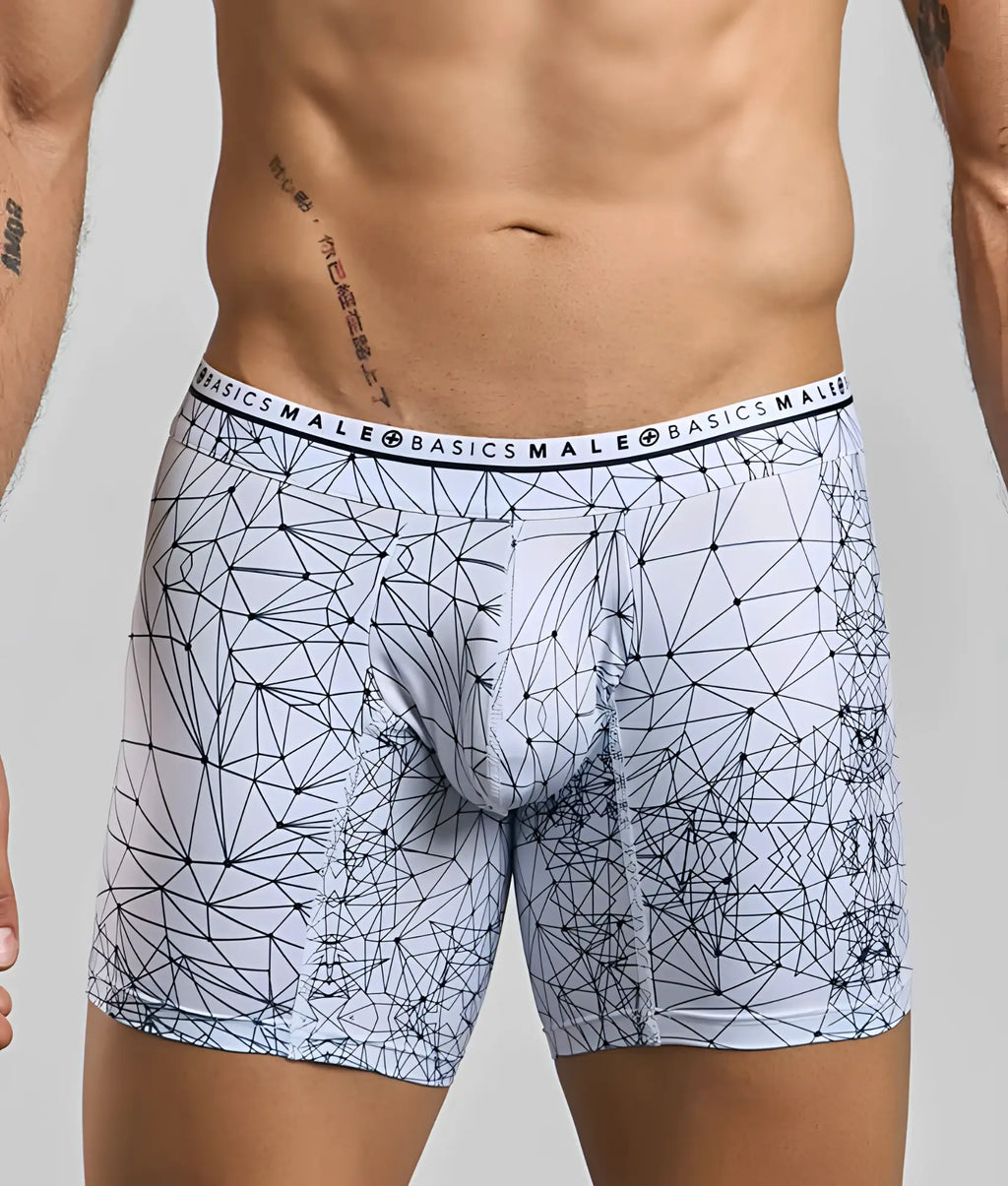 Malebasics new hipster boxer brief spider white with black geometric lines and basics male branded waistband