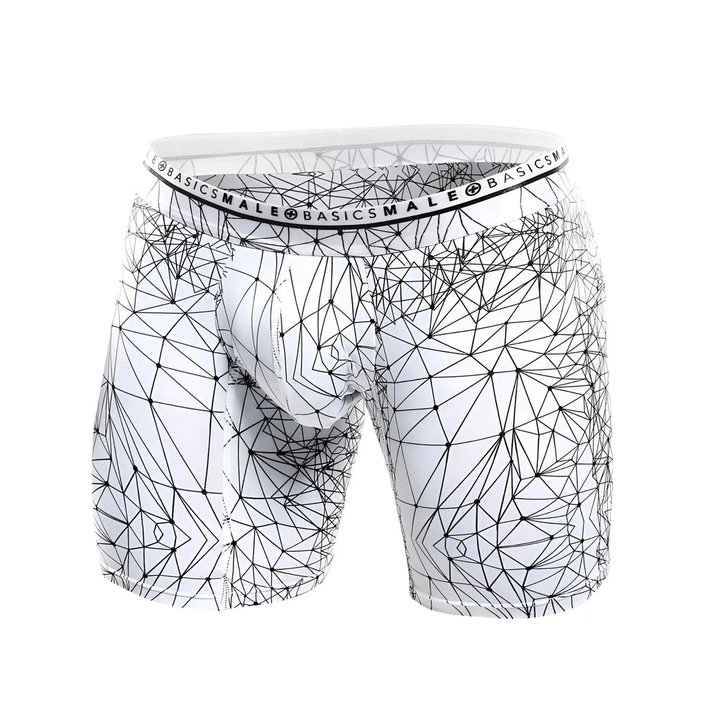 MaleBasics white hipster boxer briefs featuring a black geometric spider web pattern and branded elastic waistband.