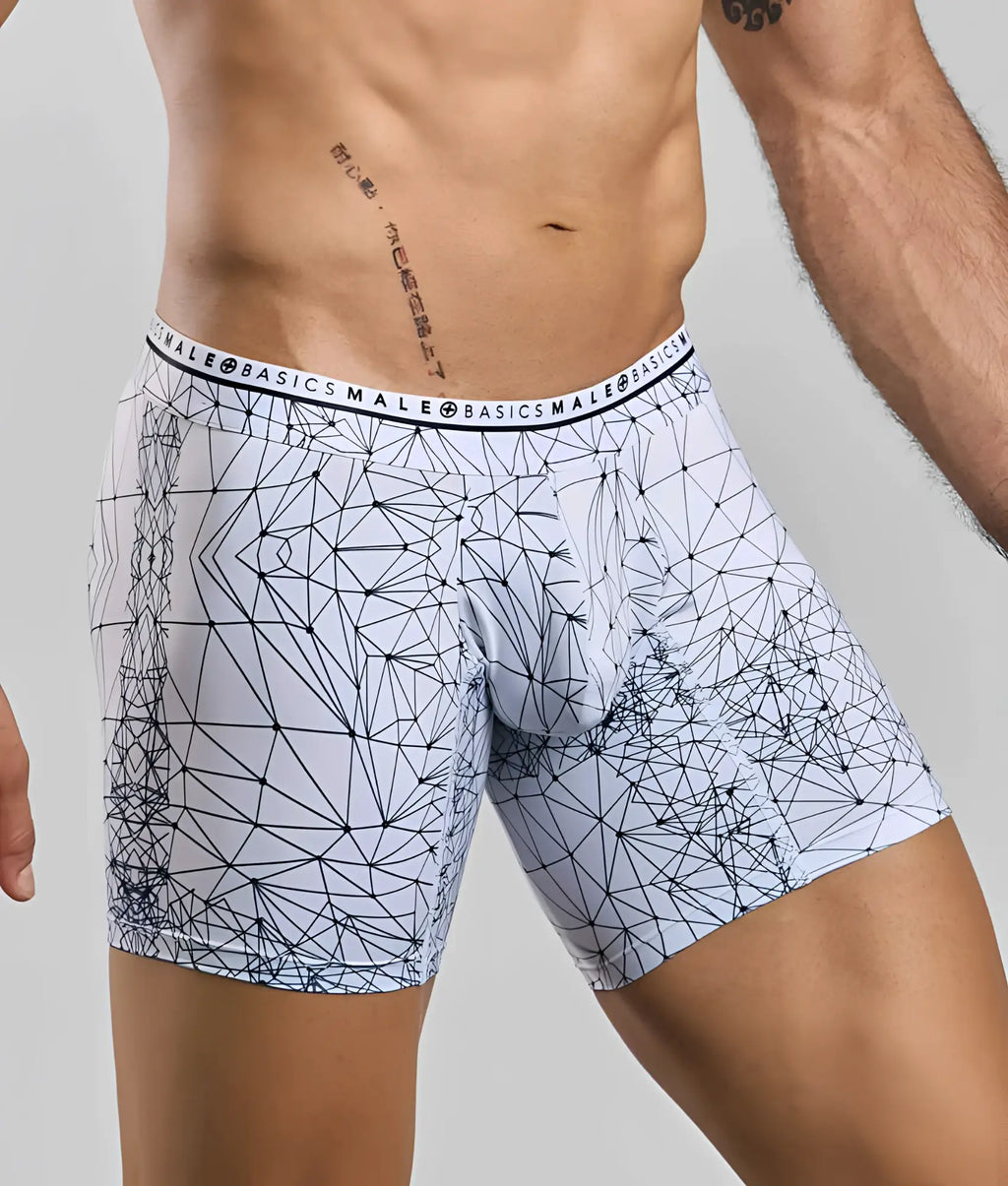 MaleBasics white boxer briefs featuring a black geometric spider web pattern and a branded elastic waistband.