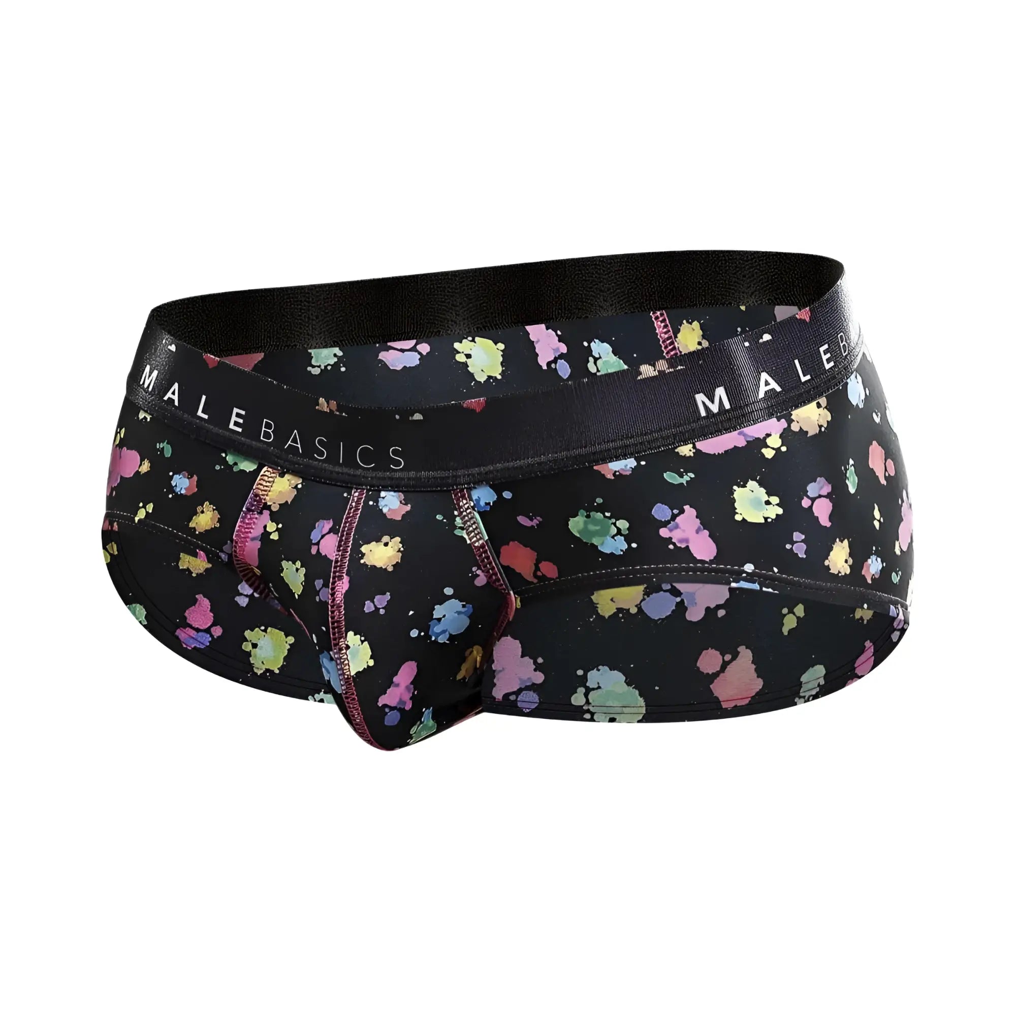 Malebasics new hipster brief black splash with vibrant multicolored paint splatter pattern on black fabric
