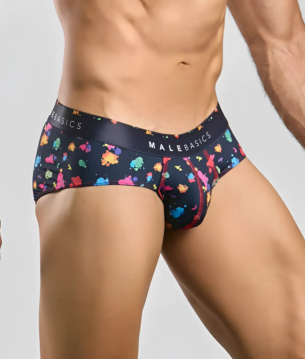 Malebasics new hipster brief black splash with vibrant multicolored paint splatter pattern and branded waistband