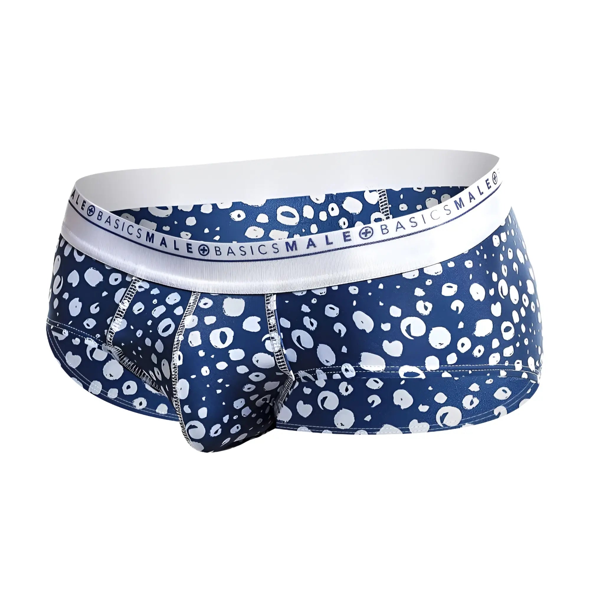Blue and white patterned men’s briefs with branded elastic waistband from malebasics new hipster brief paros collection