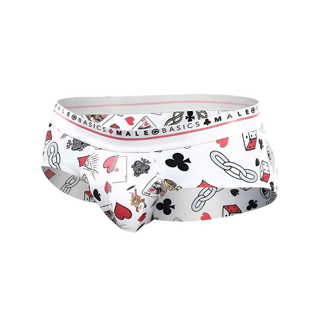 White malebasics new hipster brief poker with playful black red and gray playing card symbols pattern