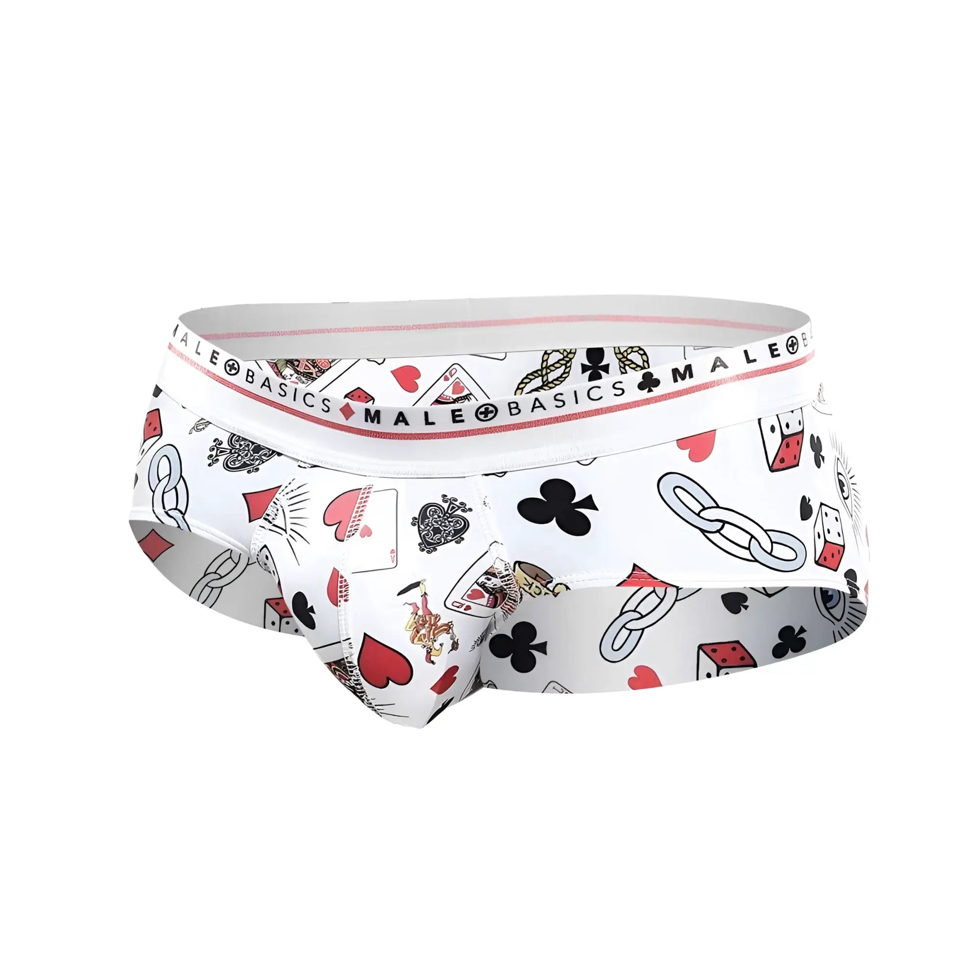 White malebasics new hipster briefs with playful black red and gray poker card symbols and dice pattern