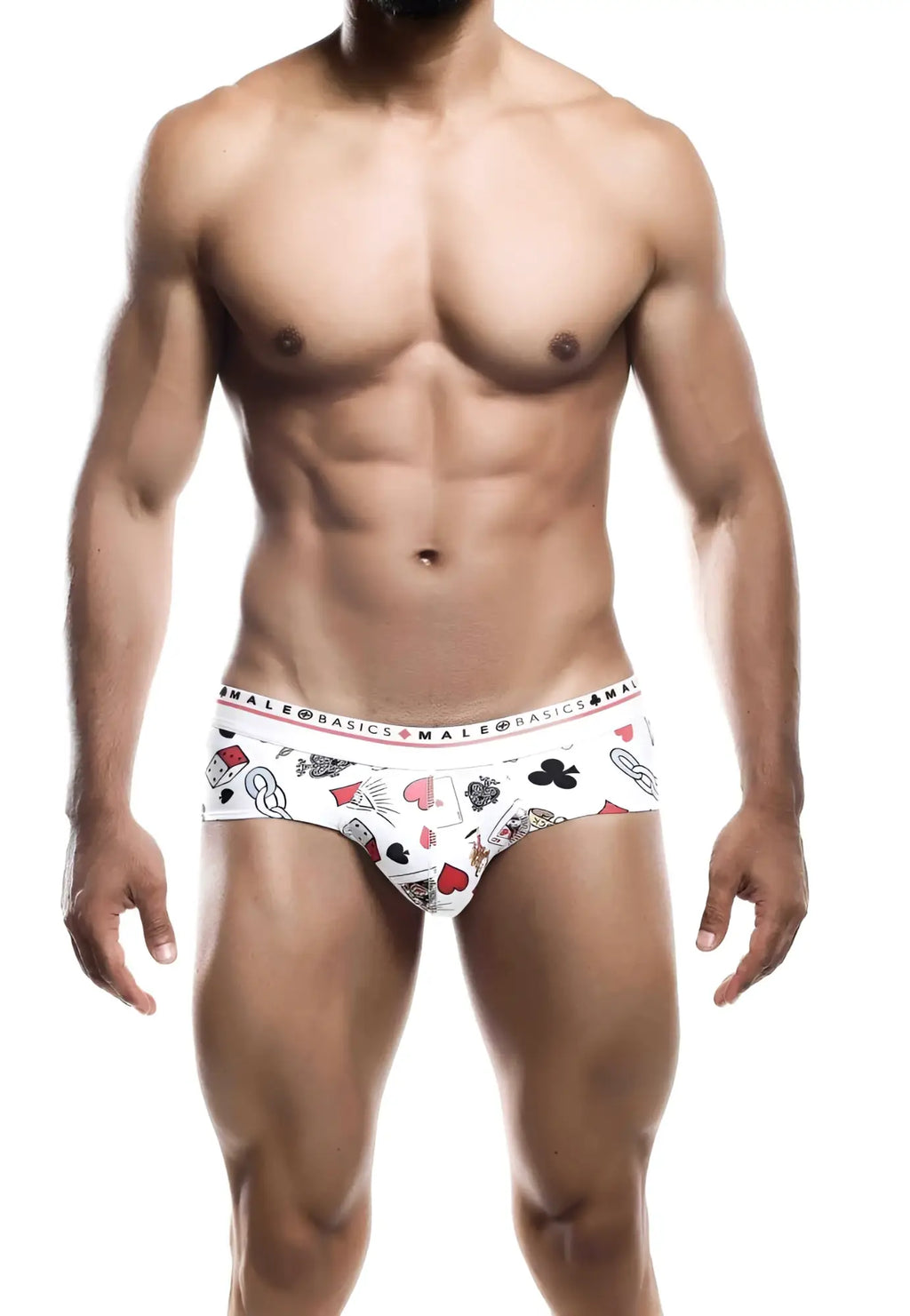 White men’s briefs with a playful poker card suit pattern and male basics branding on the waistband