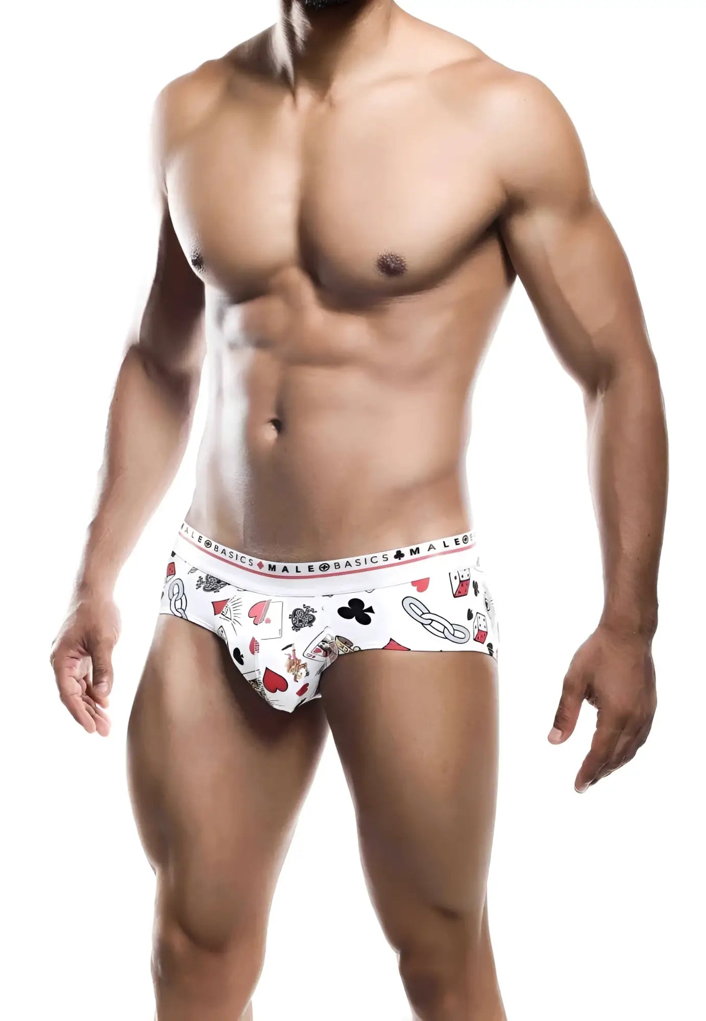 White malebasics new hipster briefs with red and black poker card symbols including ace of spades pattern