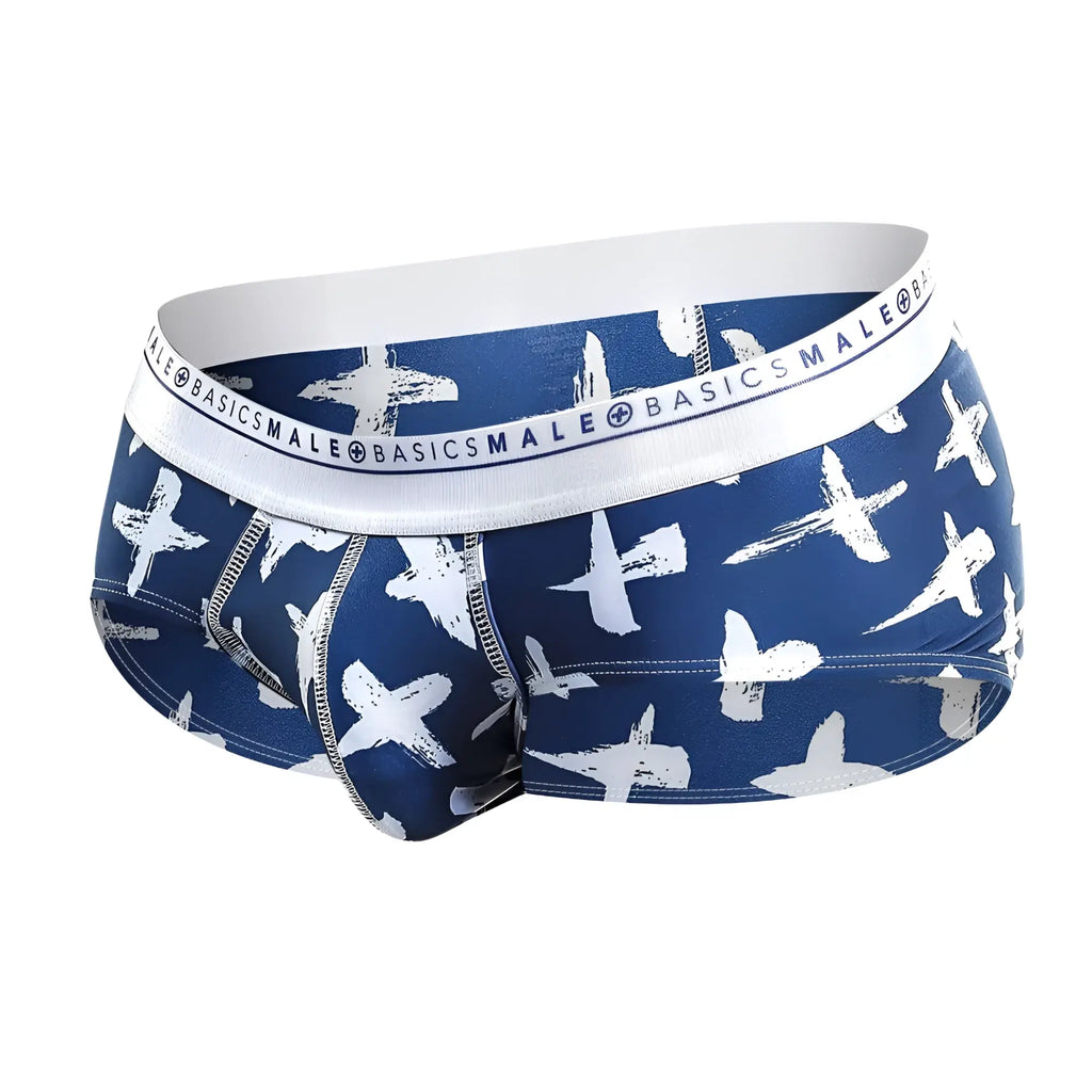 Malebasics new hipster brief santorini in blue and white airplane-patterned fabric with branded elastic waistband