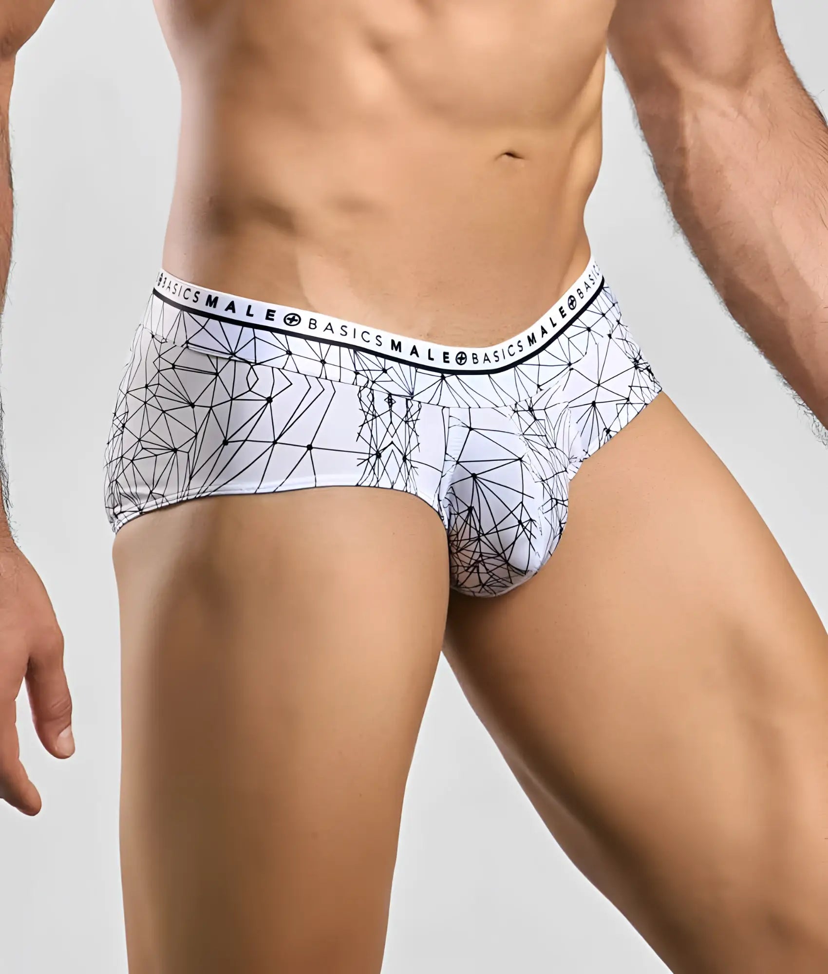 White hipster briefs with black geometric spider pattern and malebasics branding on waistband