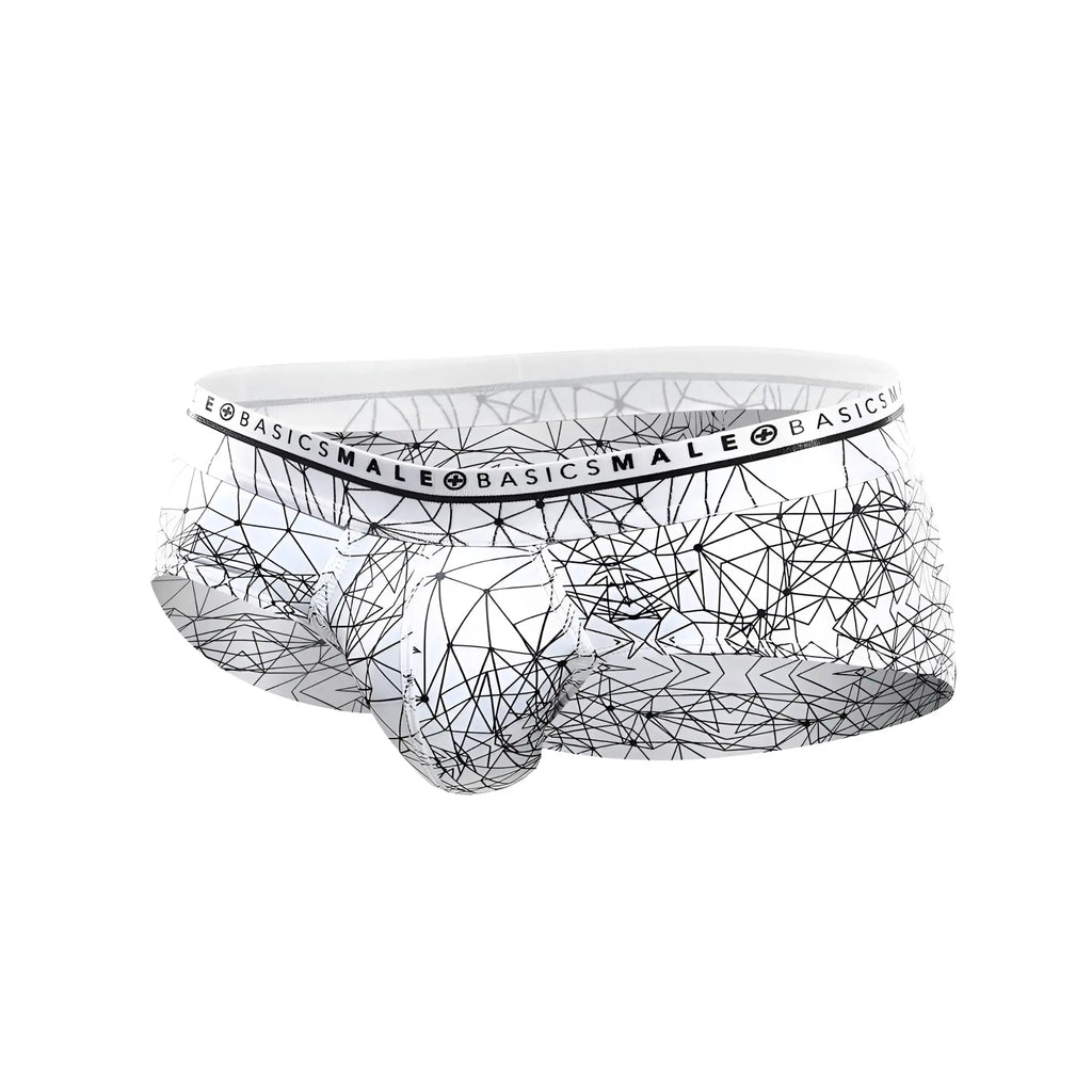 White malebasics hipster briefs with black geometric line pattern and branded elastic waistband front view
