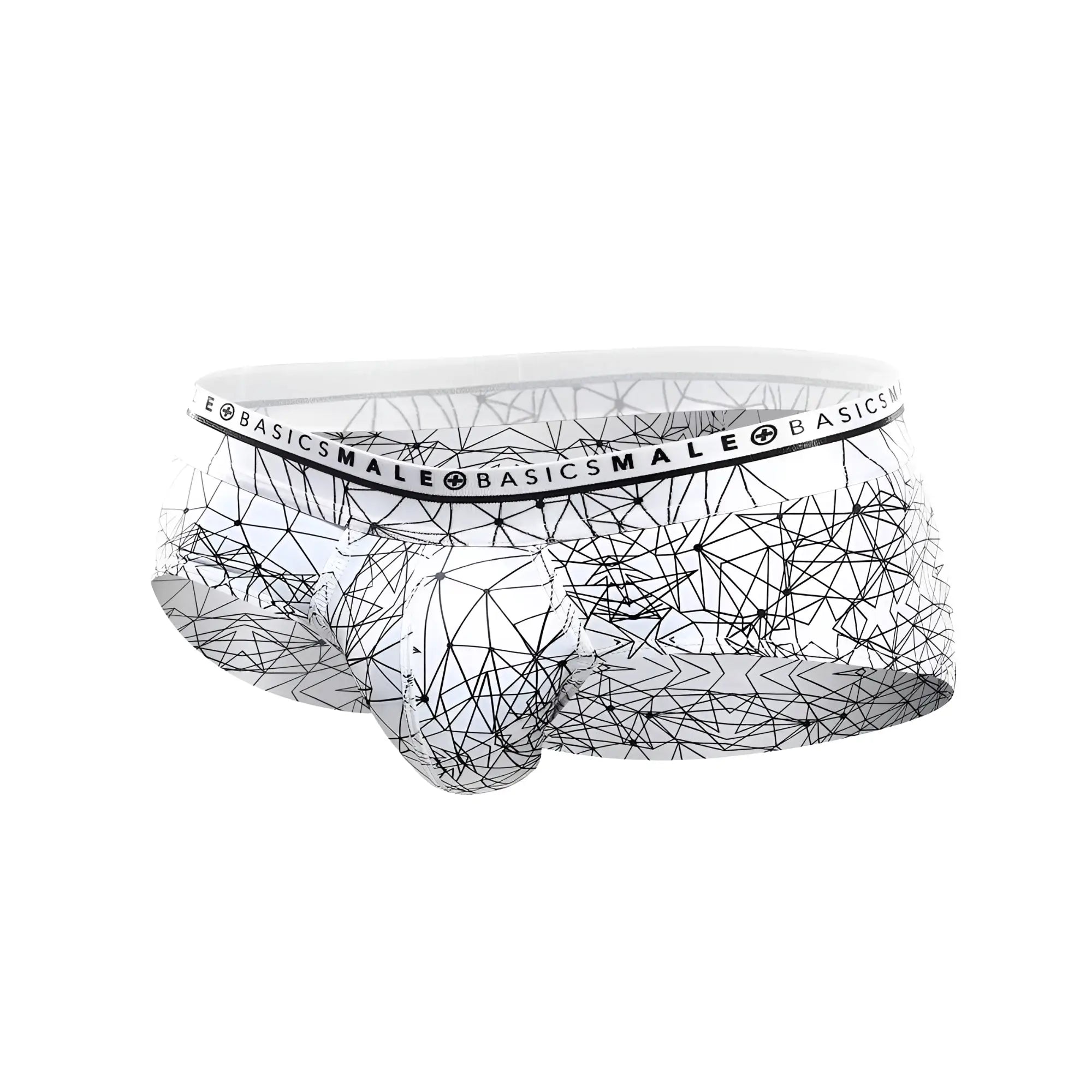 White malebasics hipster briefs with black geometric line pattern and branded elastic waistband front view