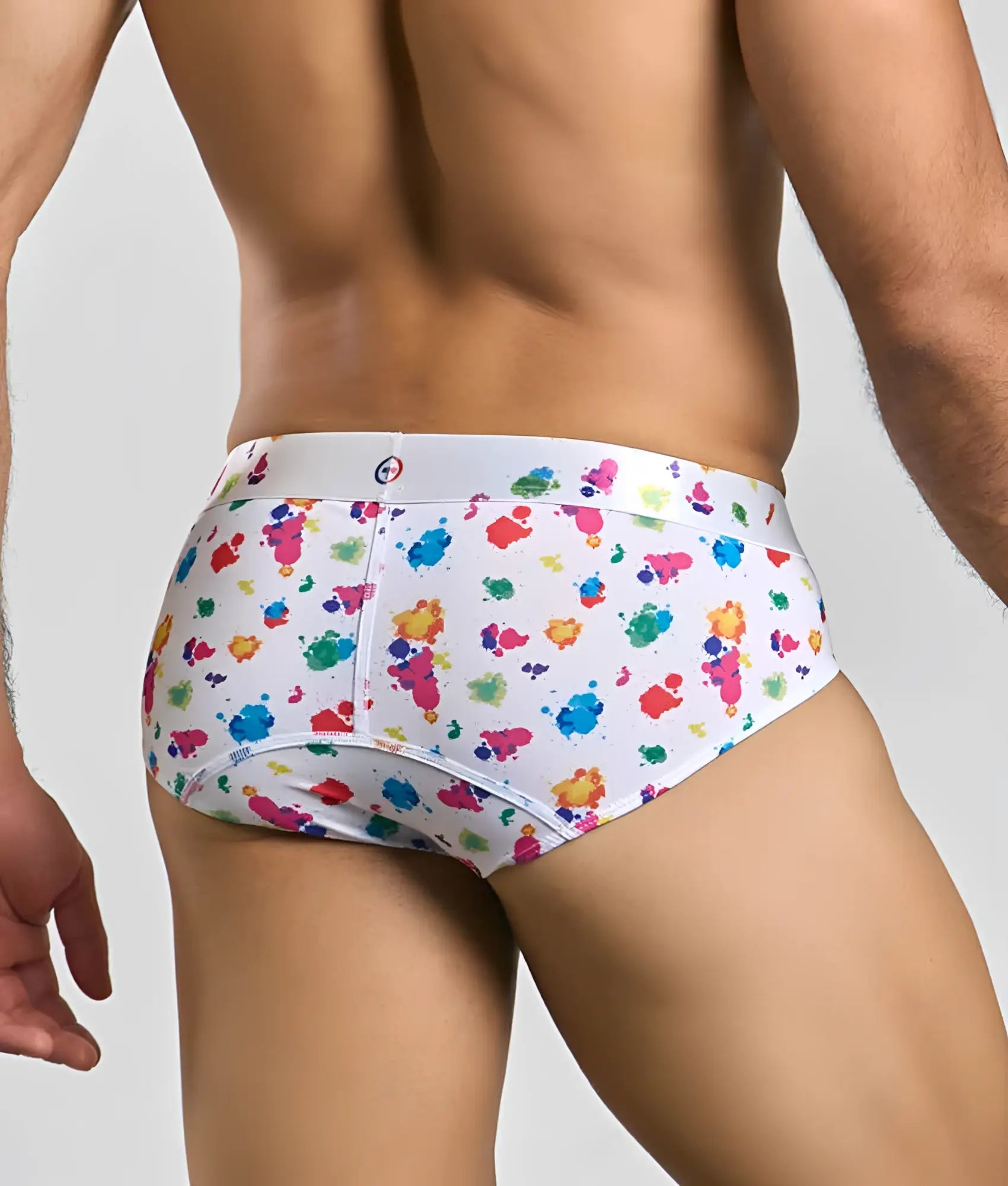 Malebasics new hipster brief white splash with vibrant multicolored paint splatter pattern on white briefs