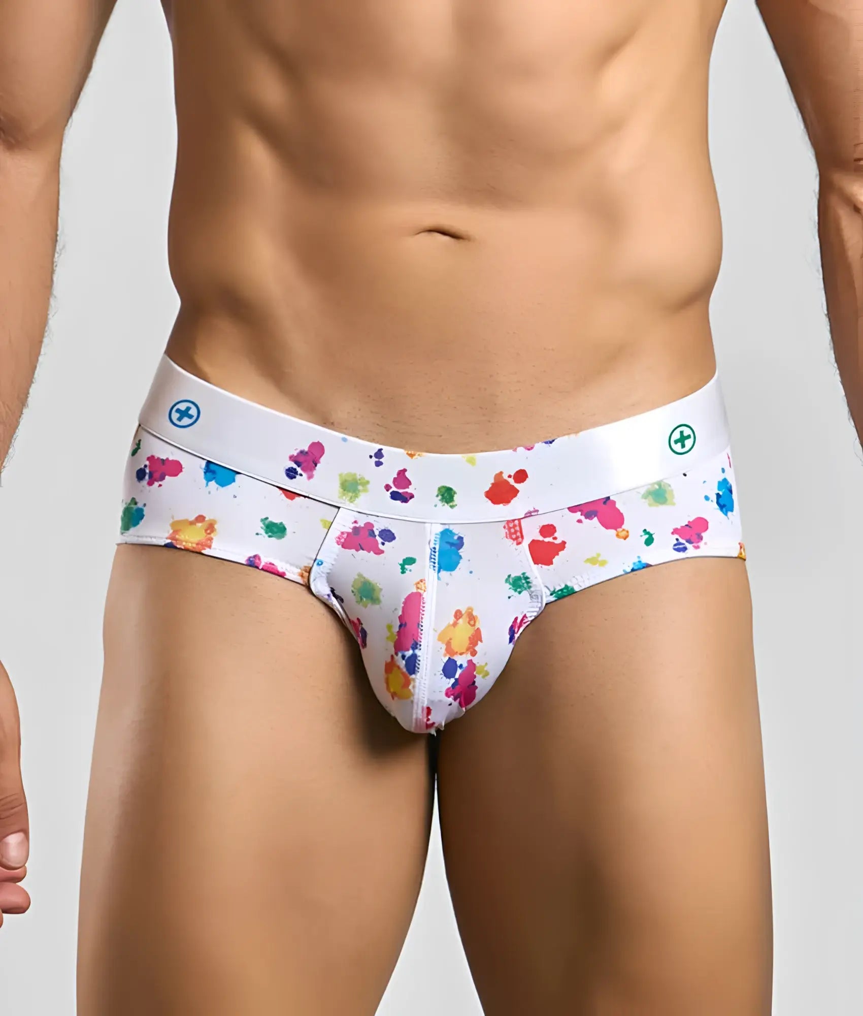 Malebasics new hipster brief white splash with vibrant multicolored paint splatter pattern and subtle waistband logo