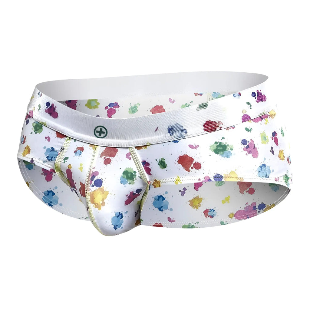 White malebasics new hipster briefs with multicolored paint splatter pattern gold stitching and a subtle waistband logo