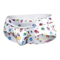 White male briefs with multicolored paint splatter pattern gold stitching and subtle malebasics logo on waistband