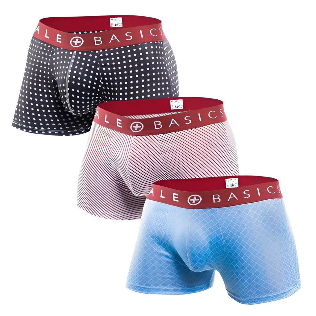 Set of three malebasics new trunk boxer shorts featuring navy polka dot pink stripe and light blue geometric patterns with red waistbands