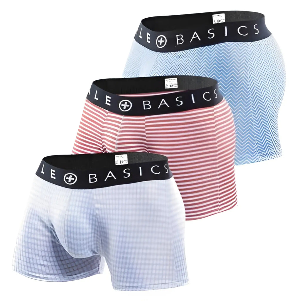 Set of three male basics new trunk boxer shorts in light blue chevron pink white stripes and pale blue gingham patterns