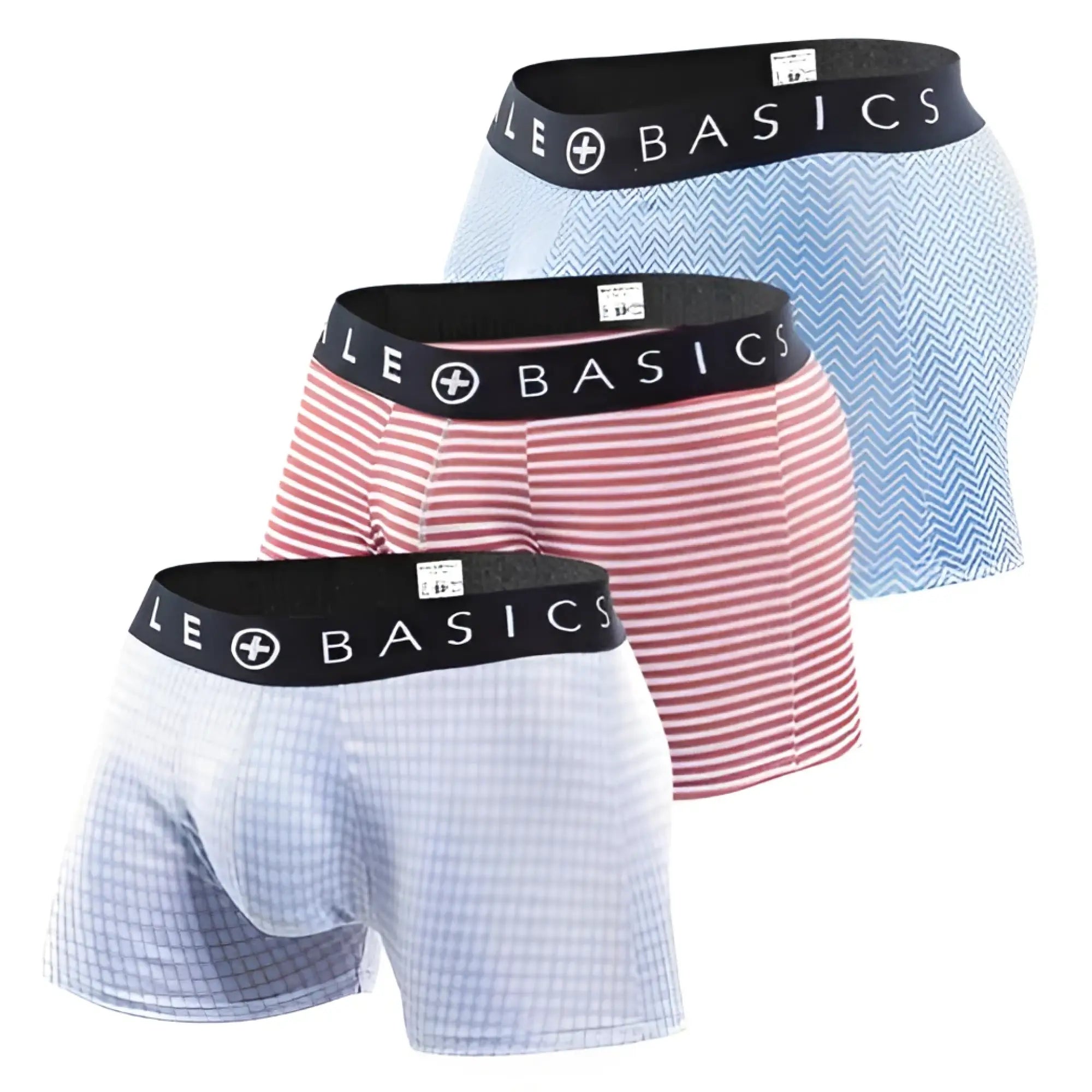 Set of three male basics new trunk boxer shorts in light blue chevron pink white stripes and pale blue gingham patterns