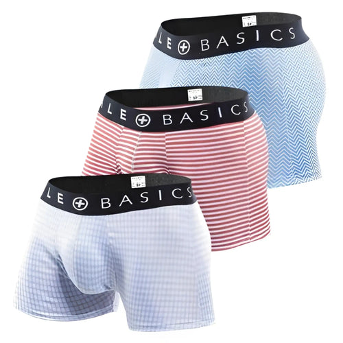 Set of male basics new trunk boxer shorts in light blue chevron pink white stripes and pale blue gingham with black waistbands
