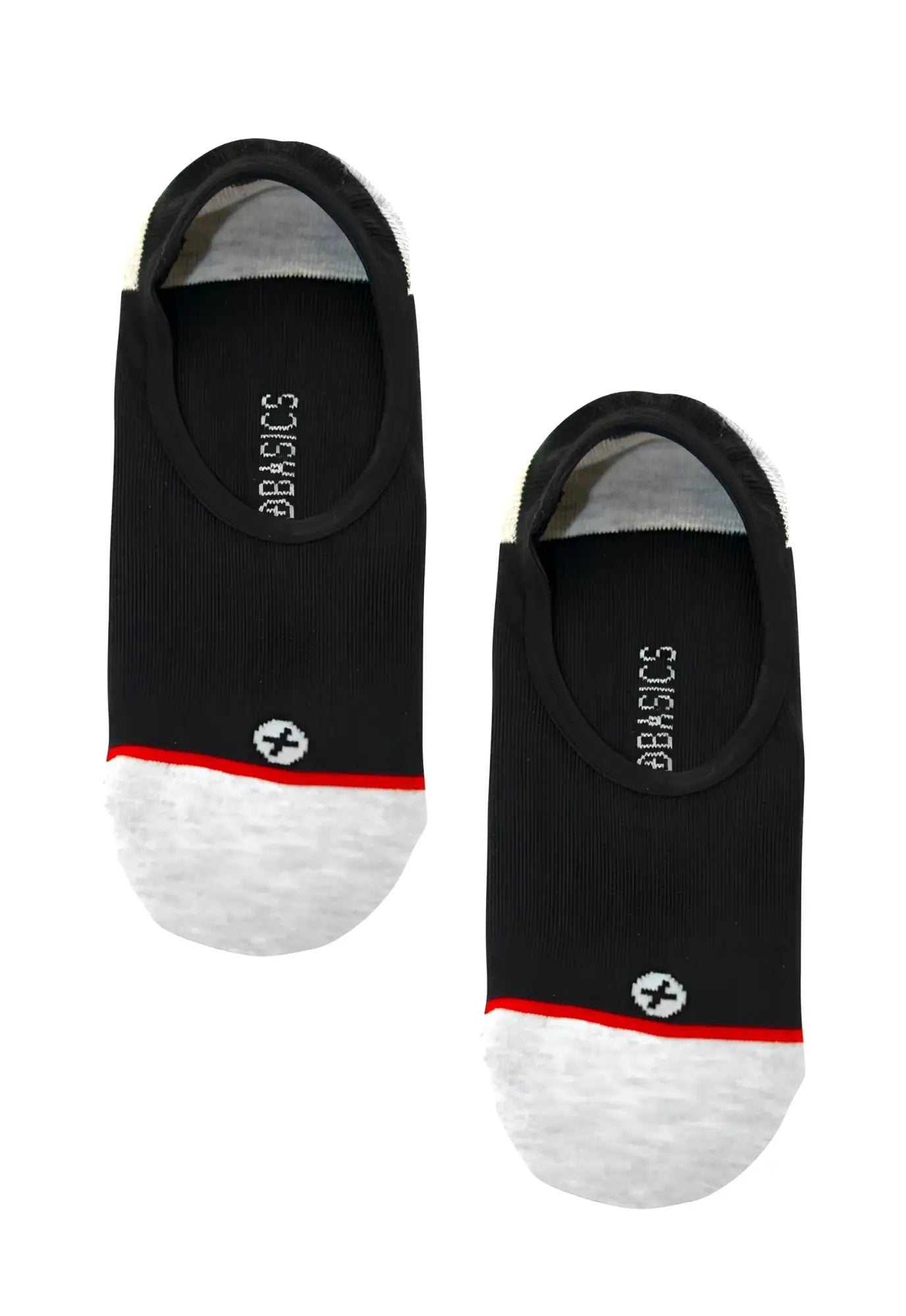 Malebasics no-show socks in black and gray with a red toe stripe and white logo on the footbed for men