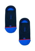 Black malebasics no-show sock navy with vibrant blue toe and heel accents and stumble branding in white lettering