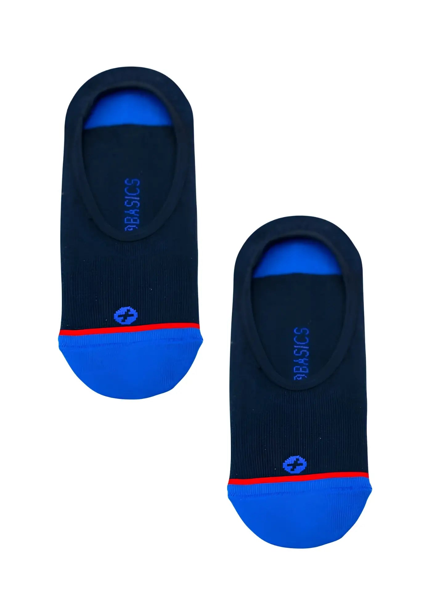 Black malebasics no-show sock navy with vibrant blue toe and heel accents and stumble branding in white lettering
