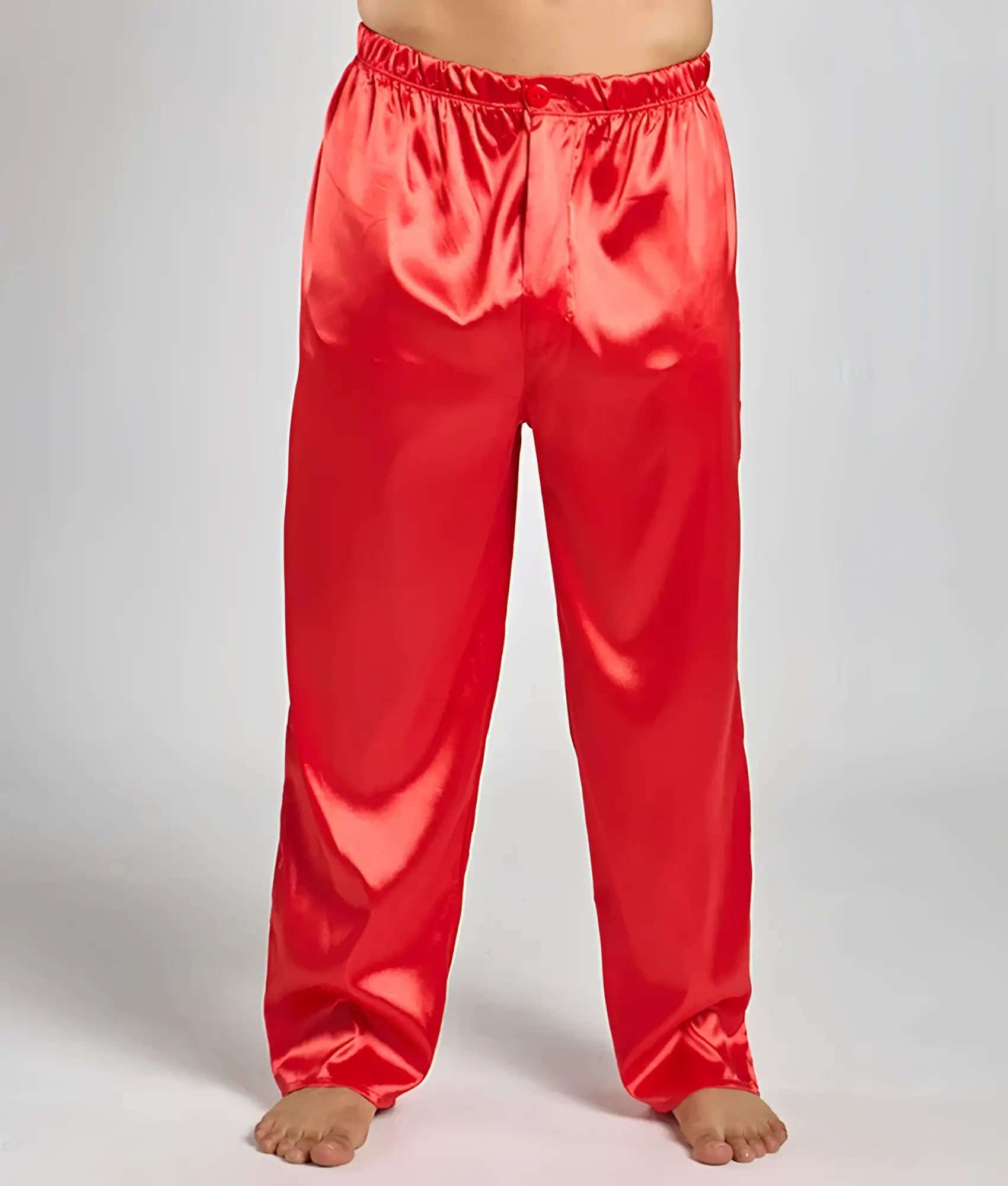 Bright red satin pajama pants with a smooth glossy finish and elastic waistband from Malebasics pants satin collection